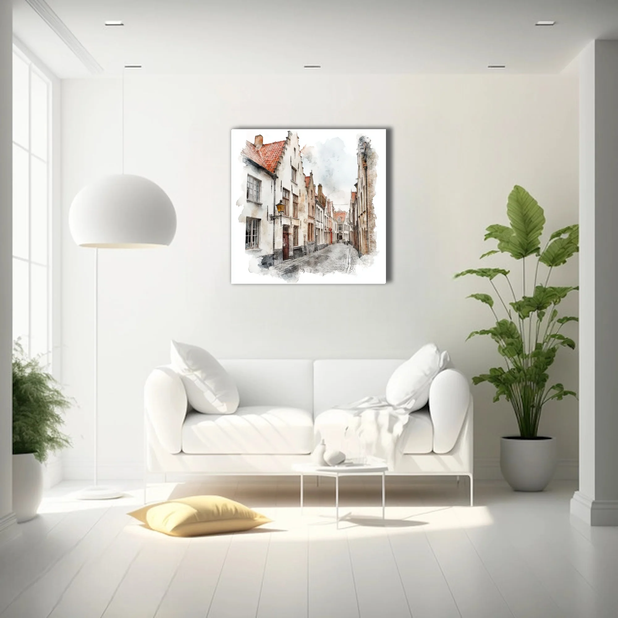 Watercolor-style Flemish cobblestone street with step-gabled white façades and terracotta rooftops