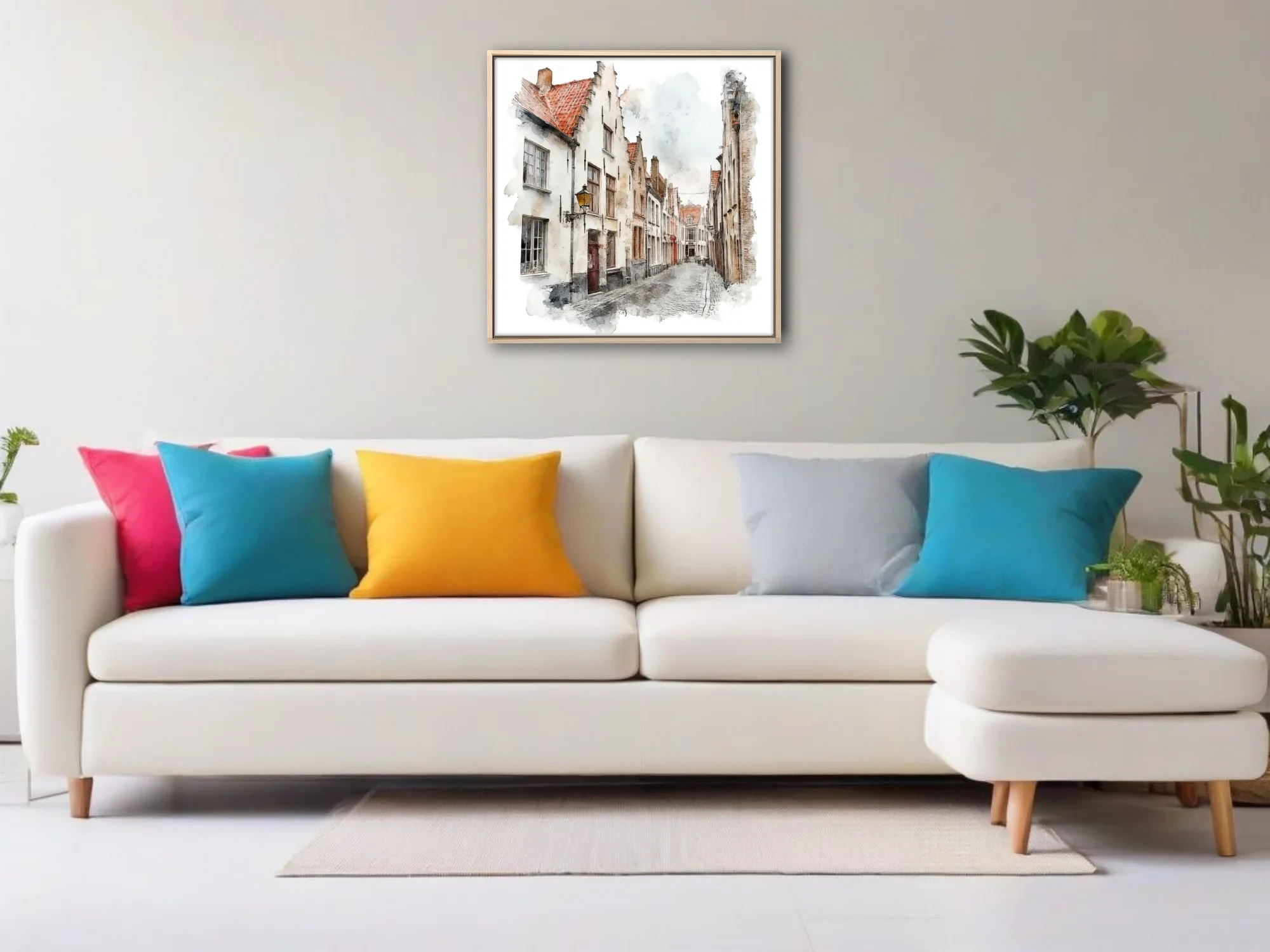 Watercolor-style Flemish cobblestone street with step-gabled white façades and terracotta rooftops