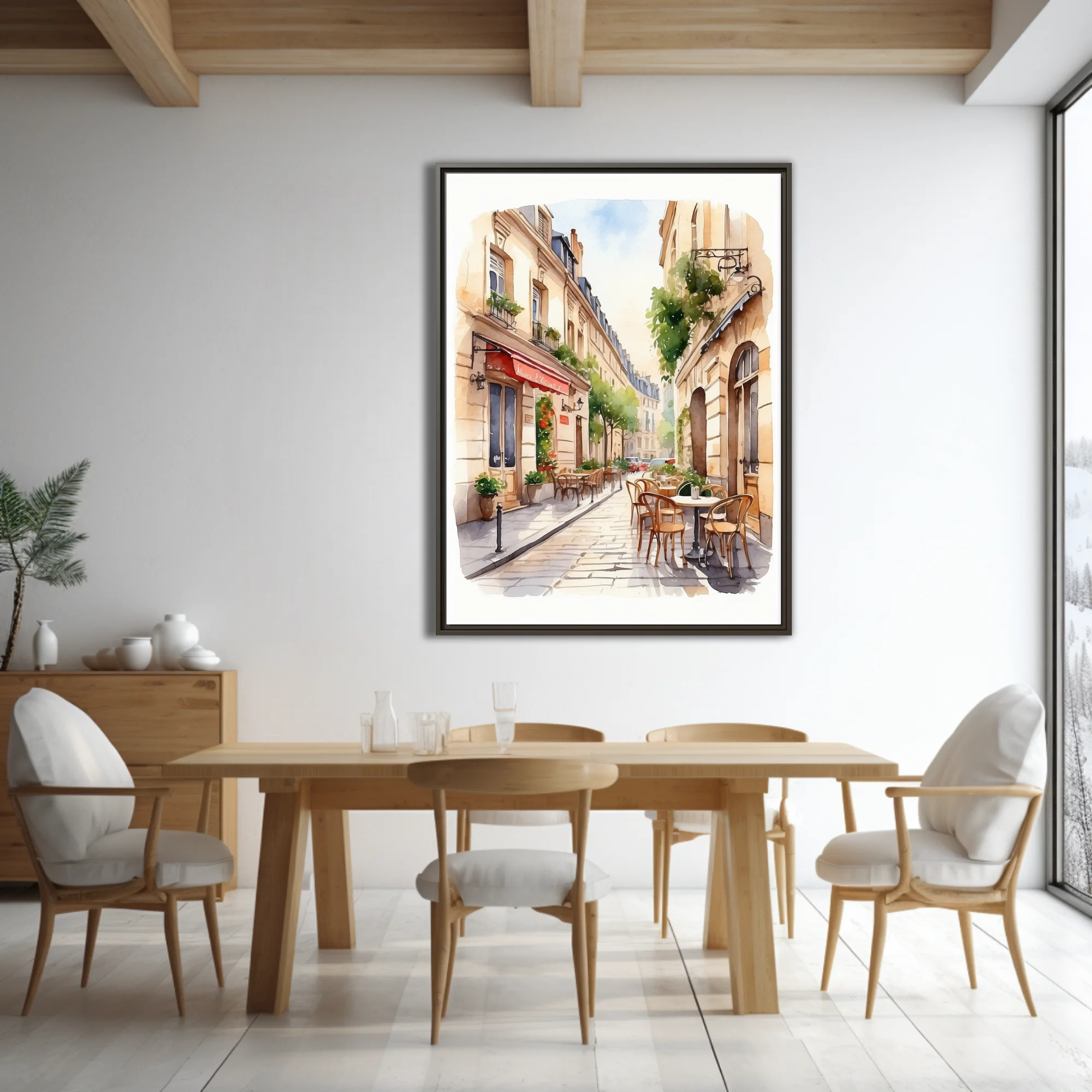 Watercolor-style Parisian café street scene with warm limestone buildings and terrace seating