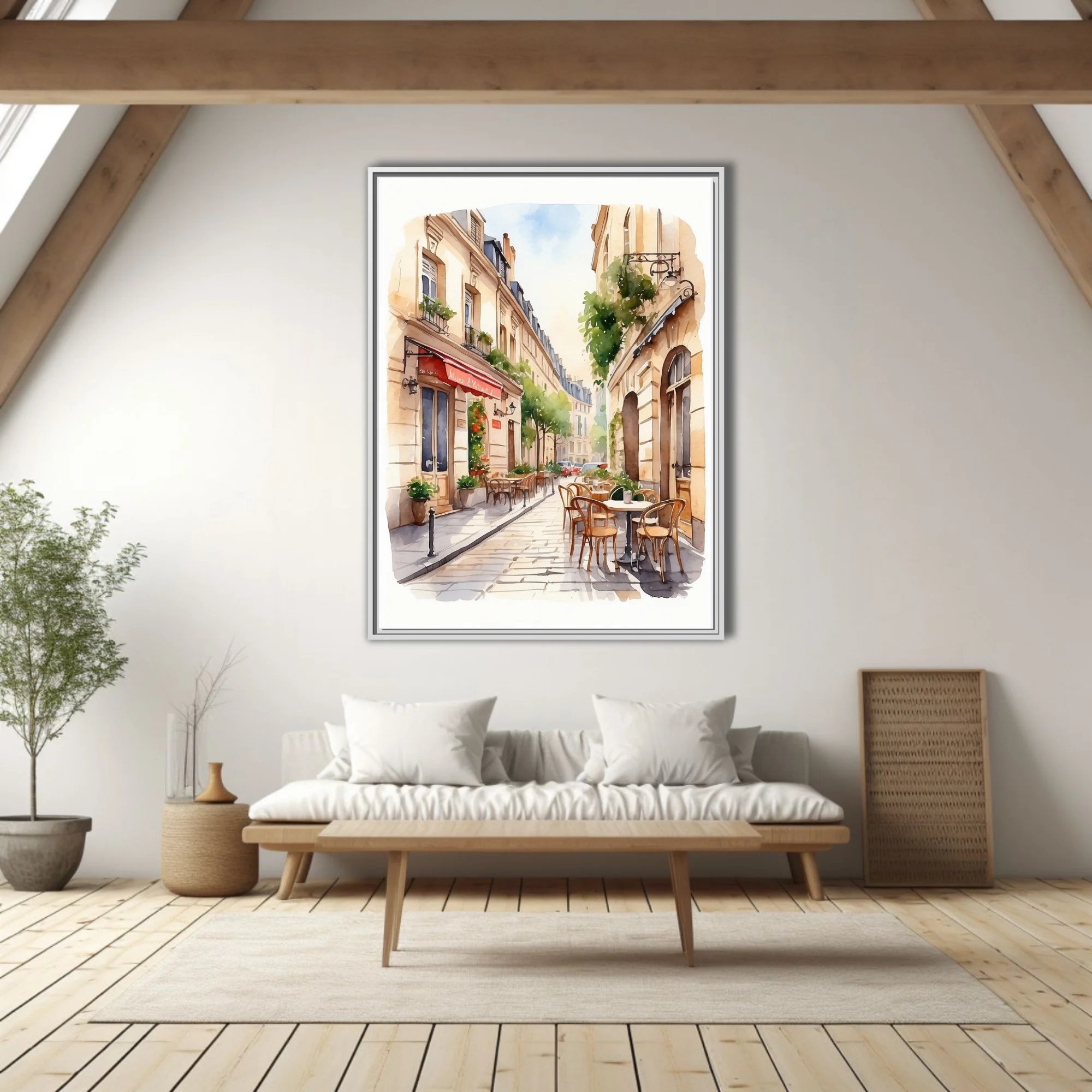Watercolor-style Parisian café street scene with warm limestone buildings and terrace seating