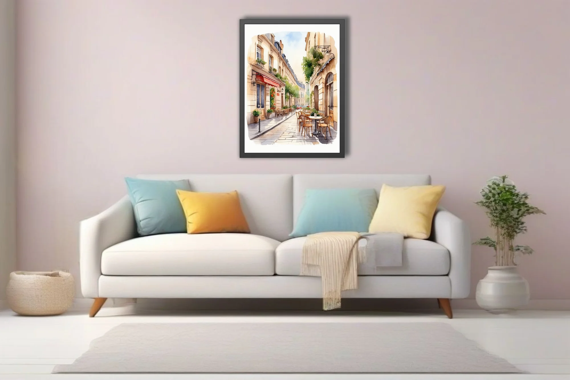Watercolor-style Parisian café street scene with warm limestone buildings and terrace seating