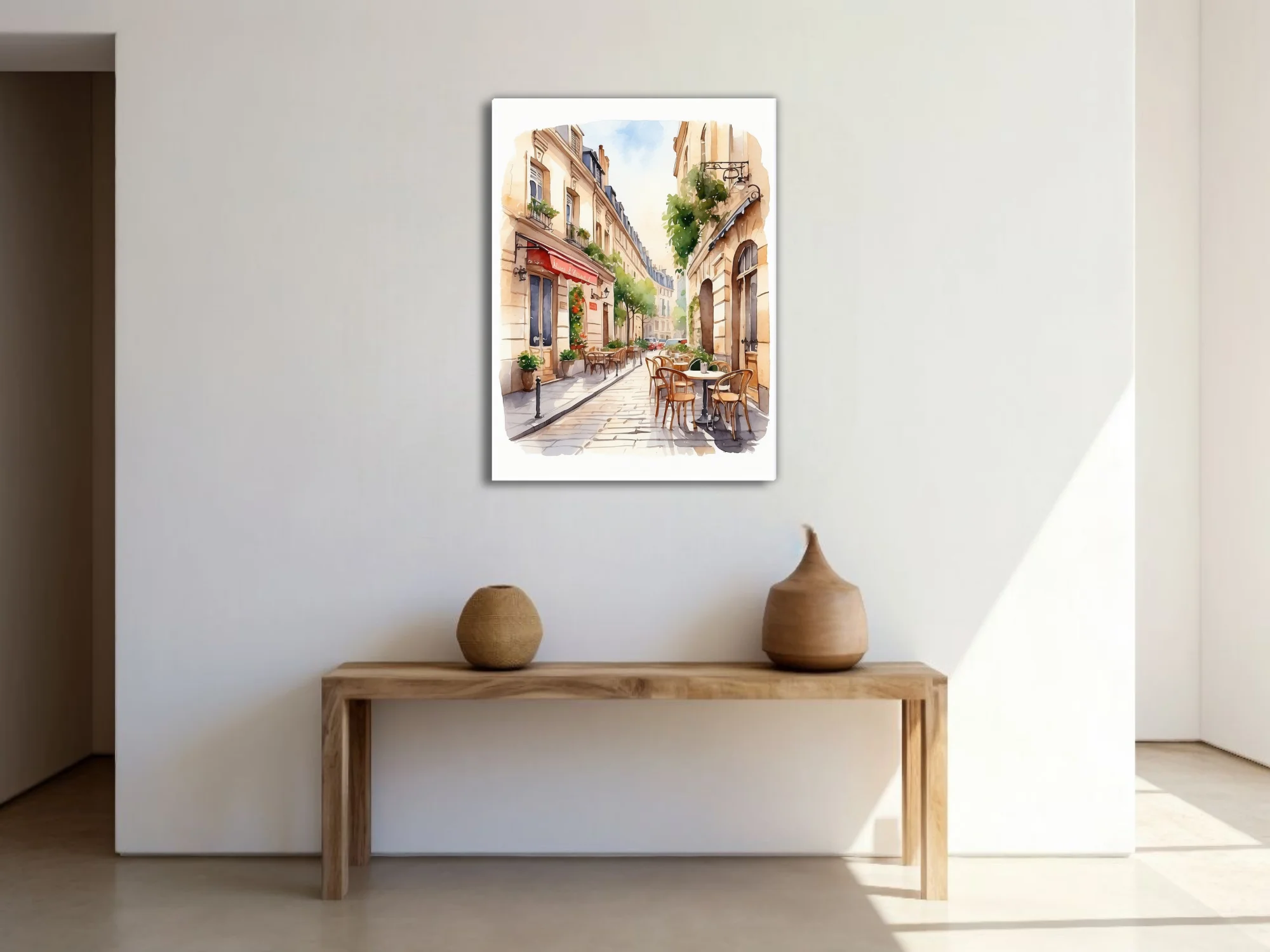 Watercolor-style Parisian café street scene with warm limestone buildings and terrace seating