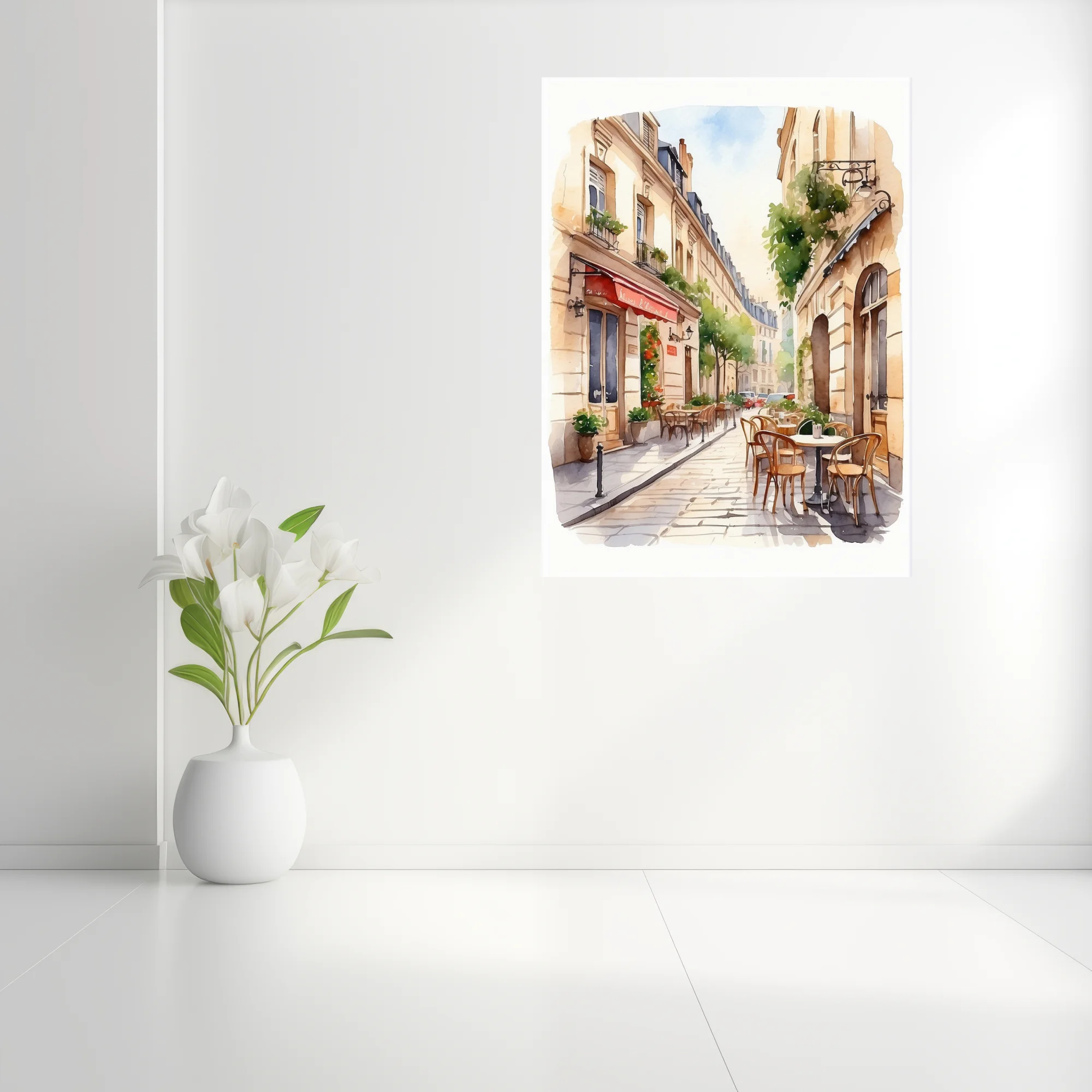 Watercolor-style Parisian café street scene with warm limestone buildings and terrace seating