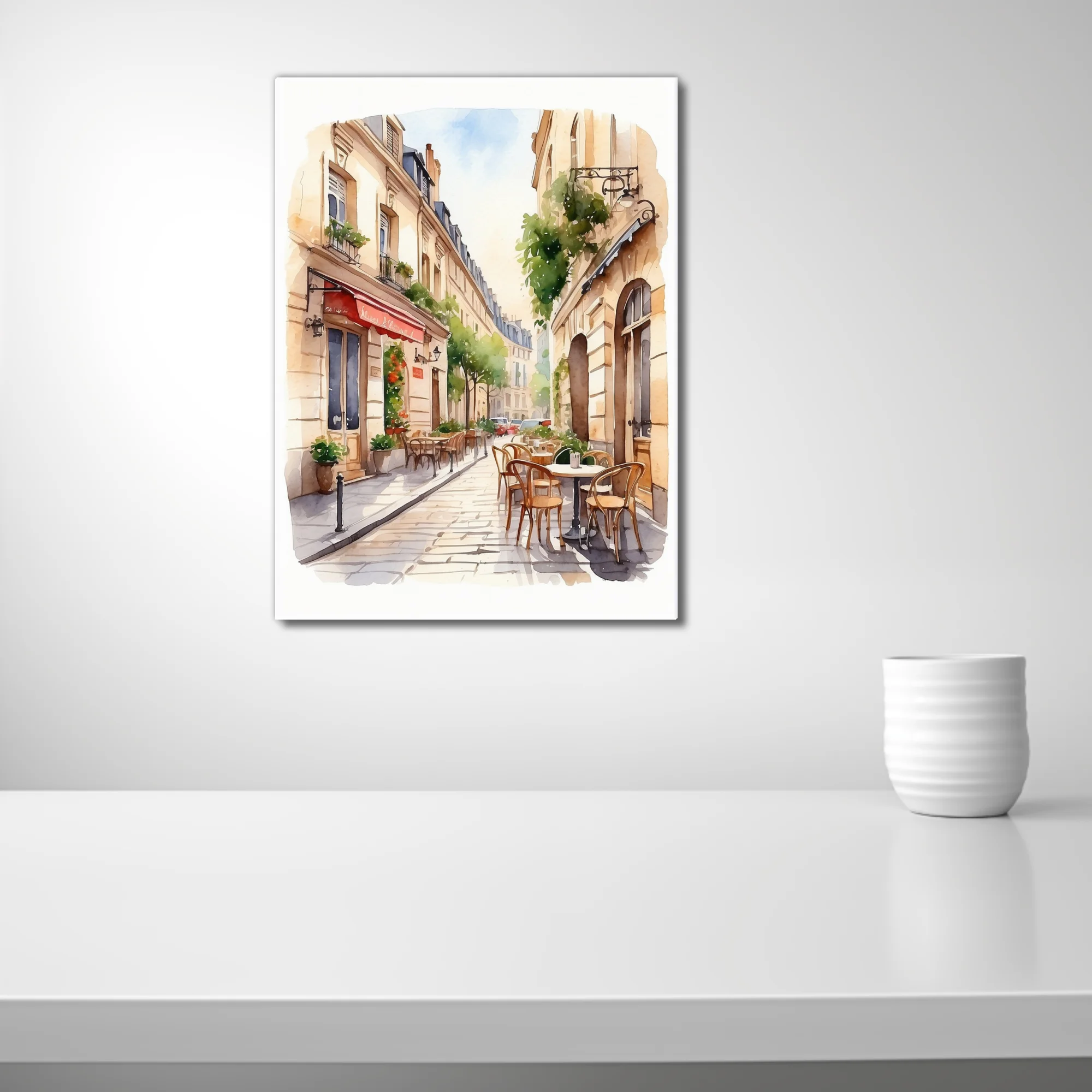 Watercolor-style Parisian café street scene with warm limestone buildings and terrace seating