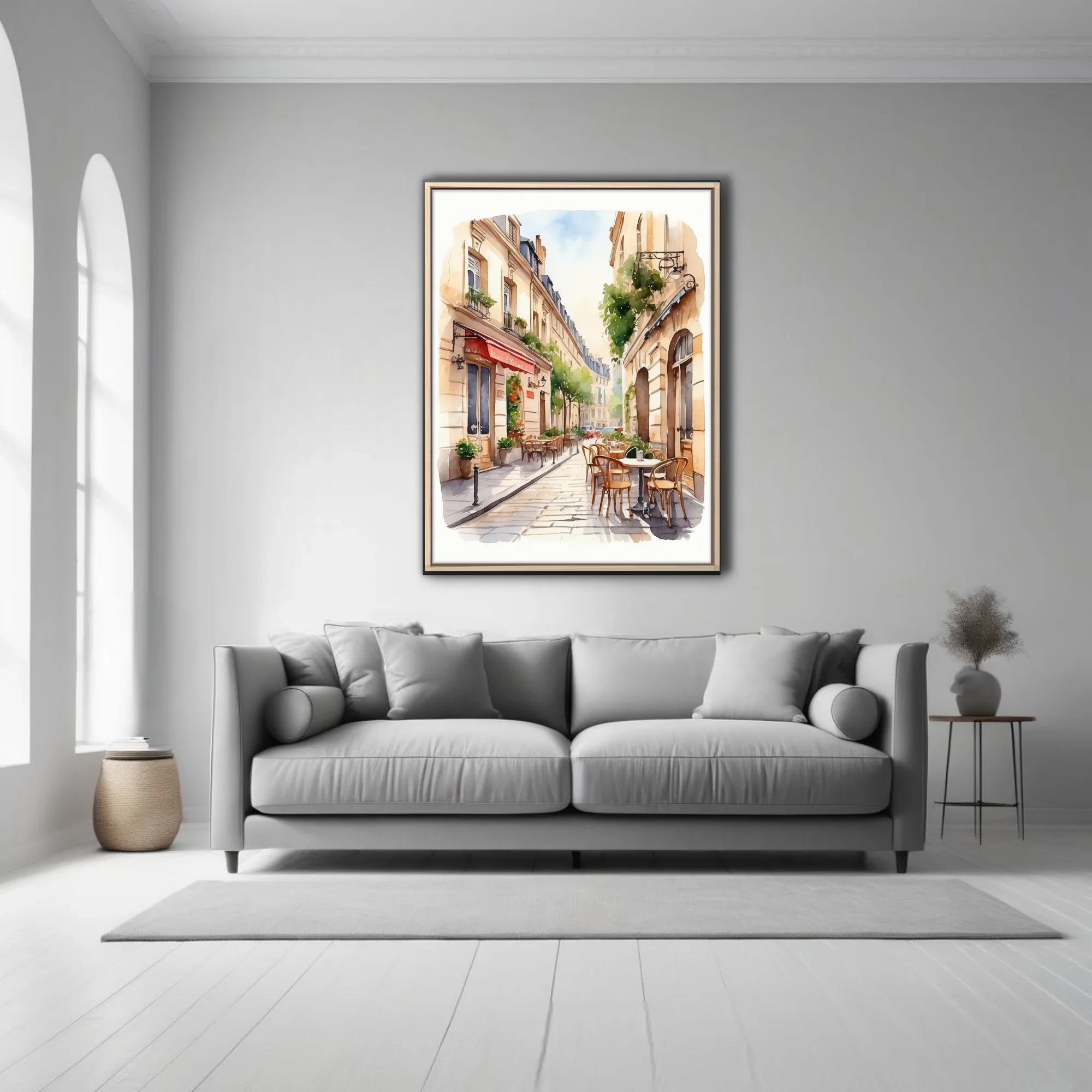 Watercolor-style Parisian café street scene with warm limestone buildings and terrace seating