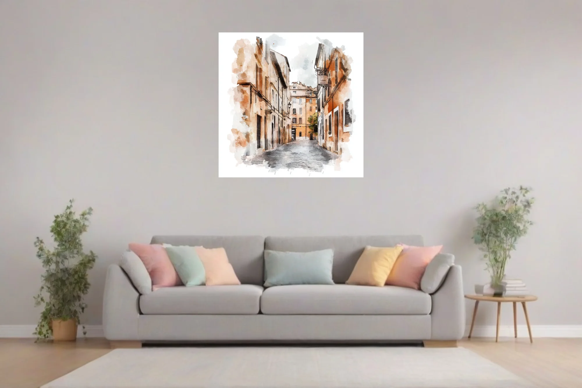 Watercolor-style European old-town street in terracotta and ochre with inked architectural lines
