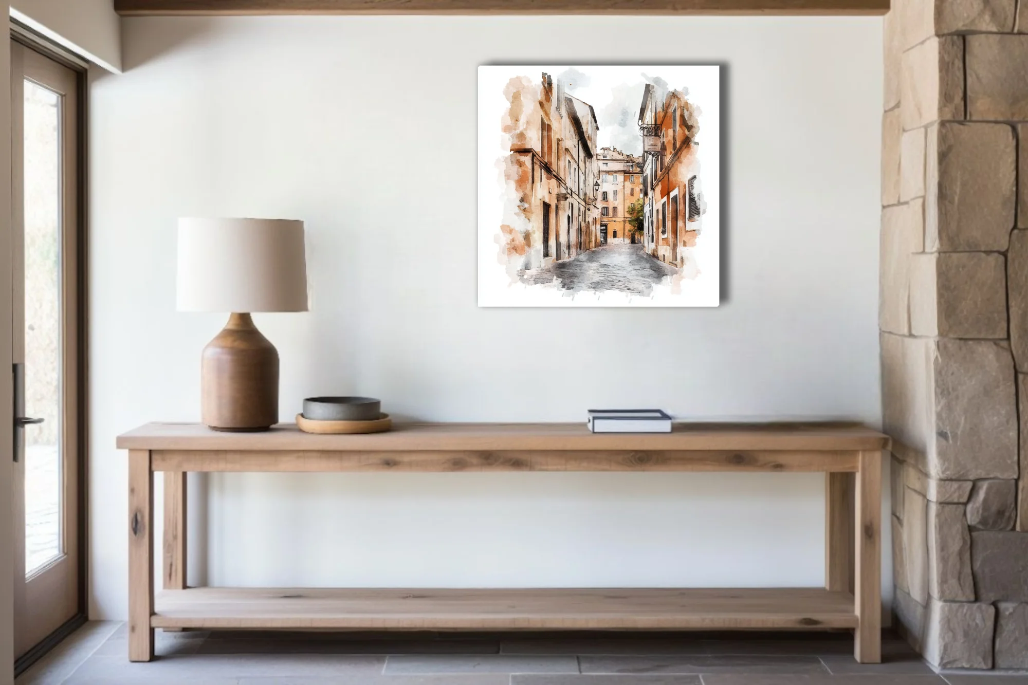 Watercolor-style European old-town street in terracotta and ochre with inked architectural lines