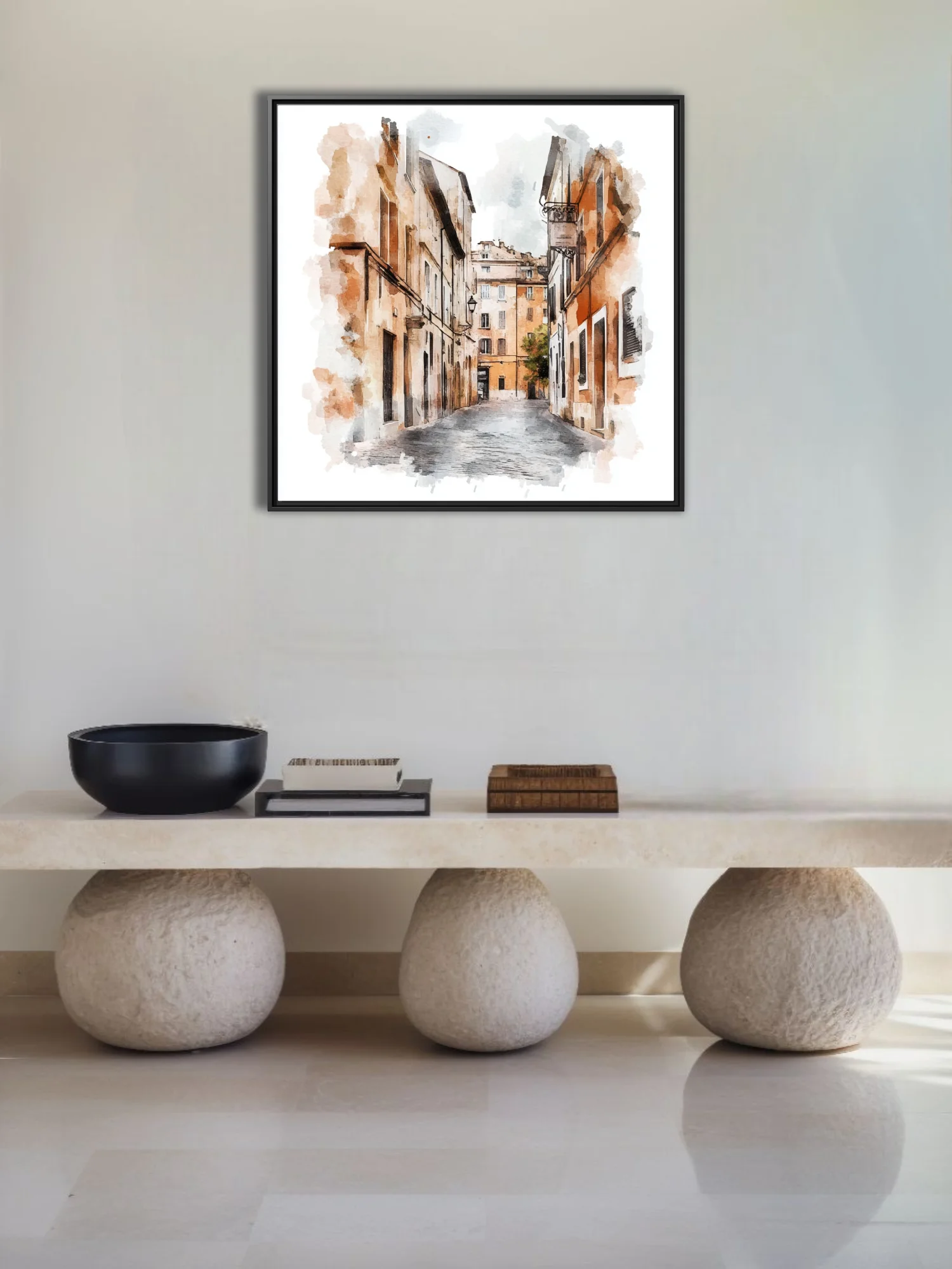 Watercolor-style European old-town street in terracotta and ochre with inked architectural lines