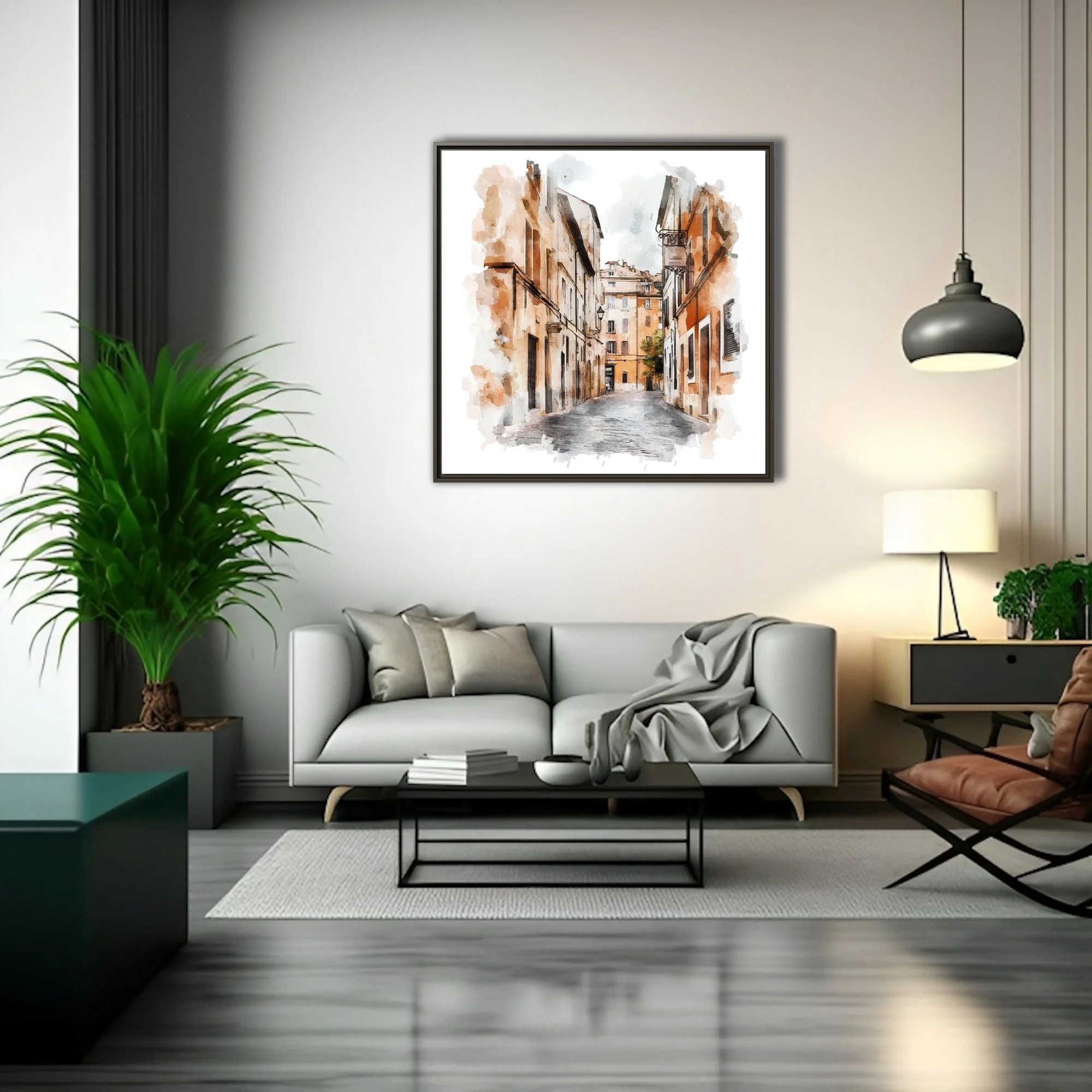 Watercolor-style European old-town street in terracotta and ochre with inked architectural lines