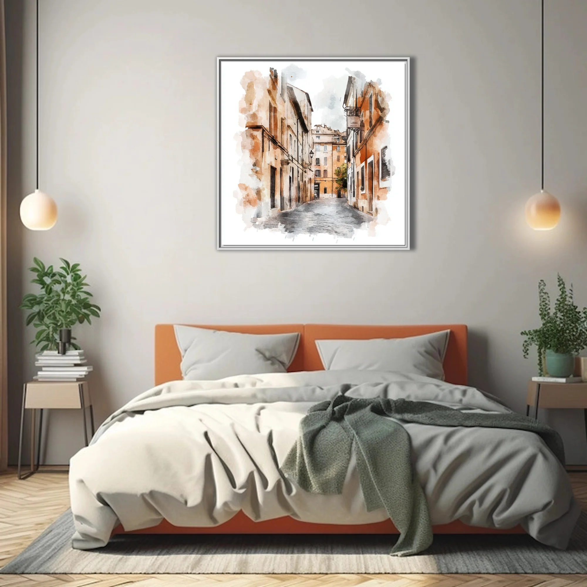 Watercolor-style European old-town street in terracotta and ochre with inked architectural lines