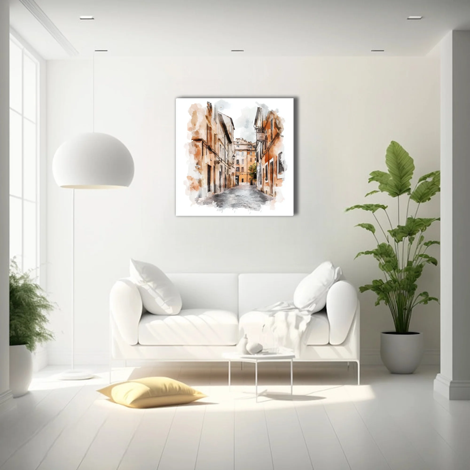 Watercolor-style European old-town street in terracotta and ochre with inked architectural lines