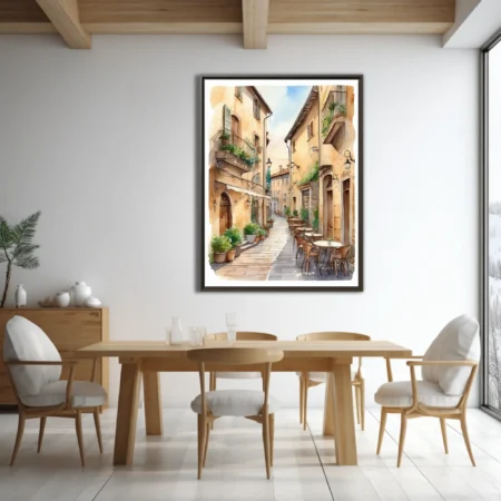 Watercolor-style Tuscan alley with stone buildings, café tables, and flowering balconies