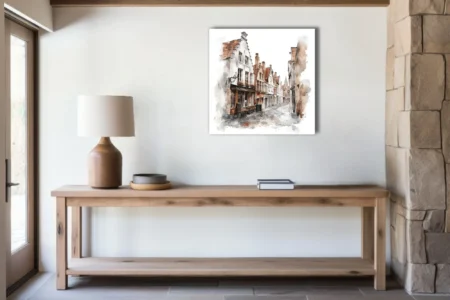 Watercolor-style European cobblestone street with stepped-gable houses and corner café in warm ochre tones