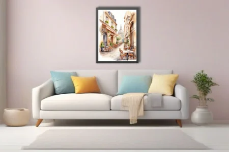 Watercolor-style Parisian café street scene with bistro tables and domed landmark