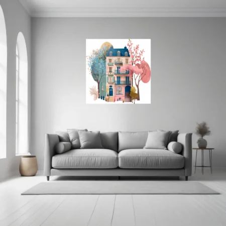 Watercolor-style pastel Paris building with pink and blue flowering trees