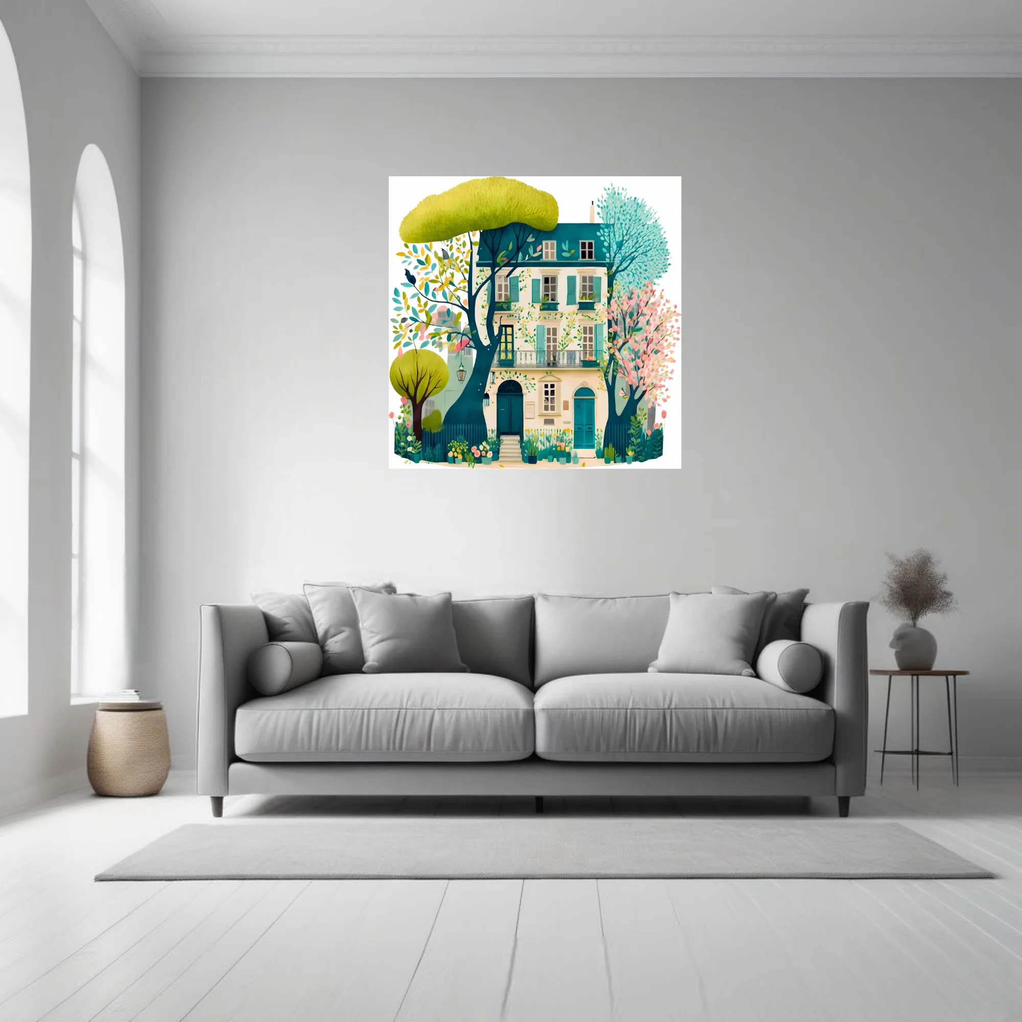 Storybook watercolor-style Parisian townhouse with teal shutters and spring garden