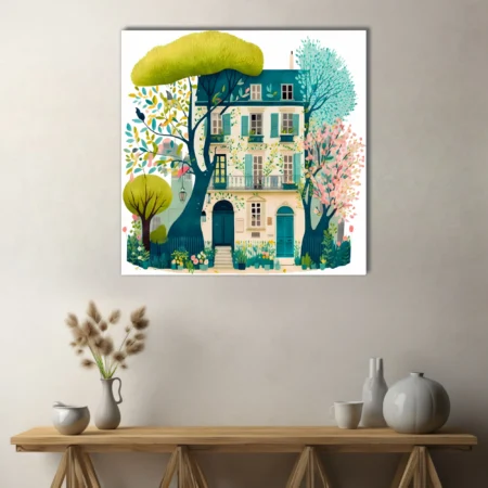 Storybook watercolor-style Parisian townhouse with teal shutters and spring garden