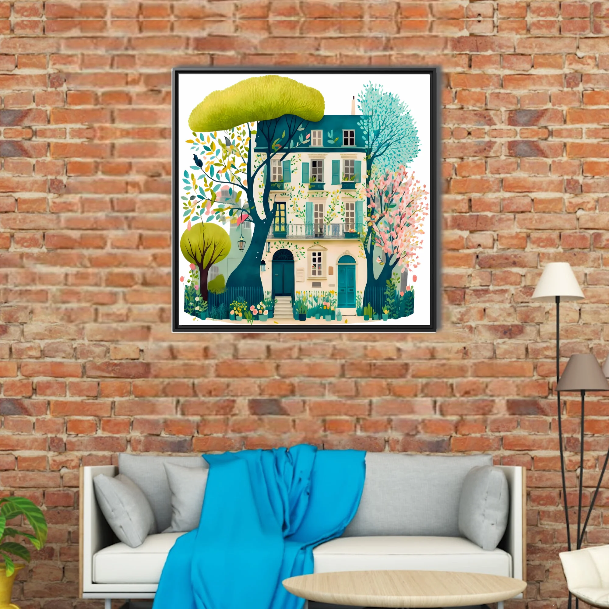 Storybook watercolor-style Parisian townhouse with teal shutters and spring garden