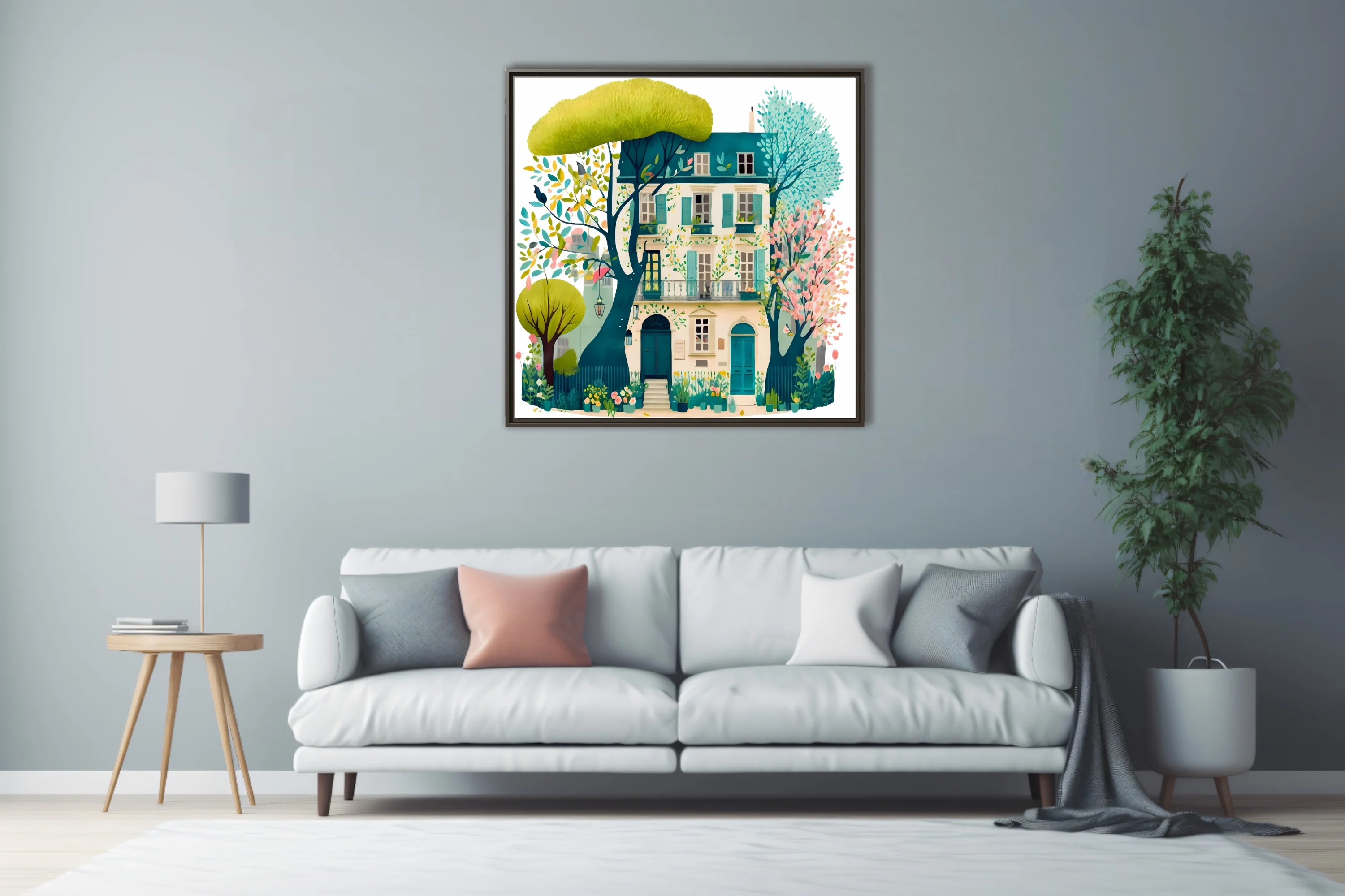 Storybook watercolor-style Parisian townhouse with teal shutters and spring garden
