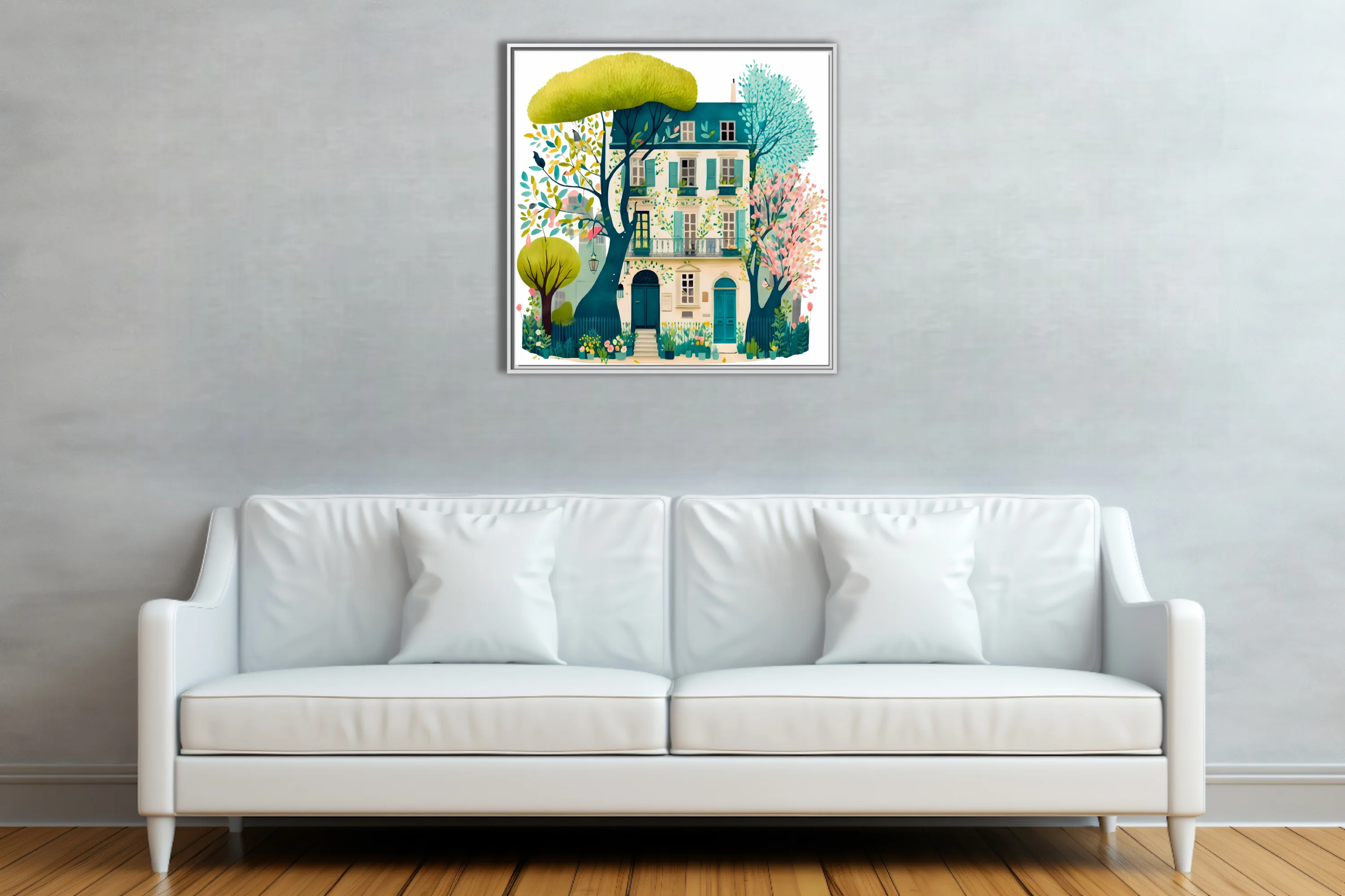 Storybook watercolor-style Parisian townhouse with teal shutters and spring garden