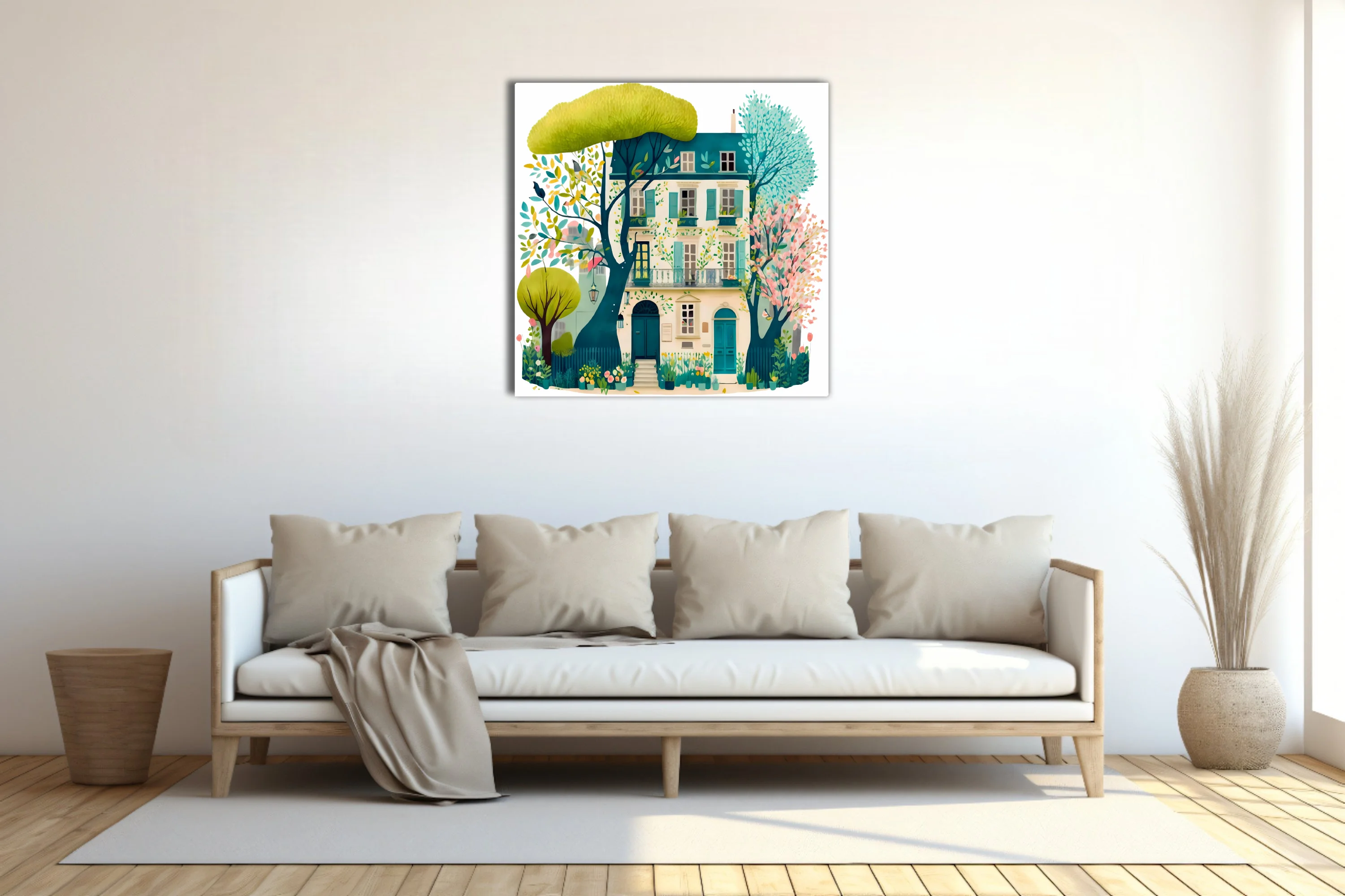 Storybook watercolor-style Parisian townhouse with teal shutters and spring garden