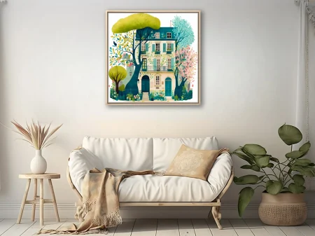 Storybook watercolor-style Parisian townhouse with teal shutters and spring garden