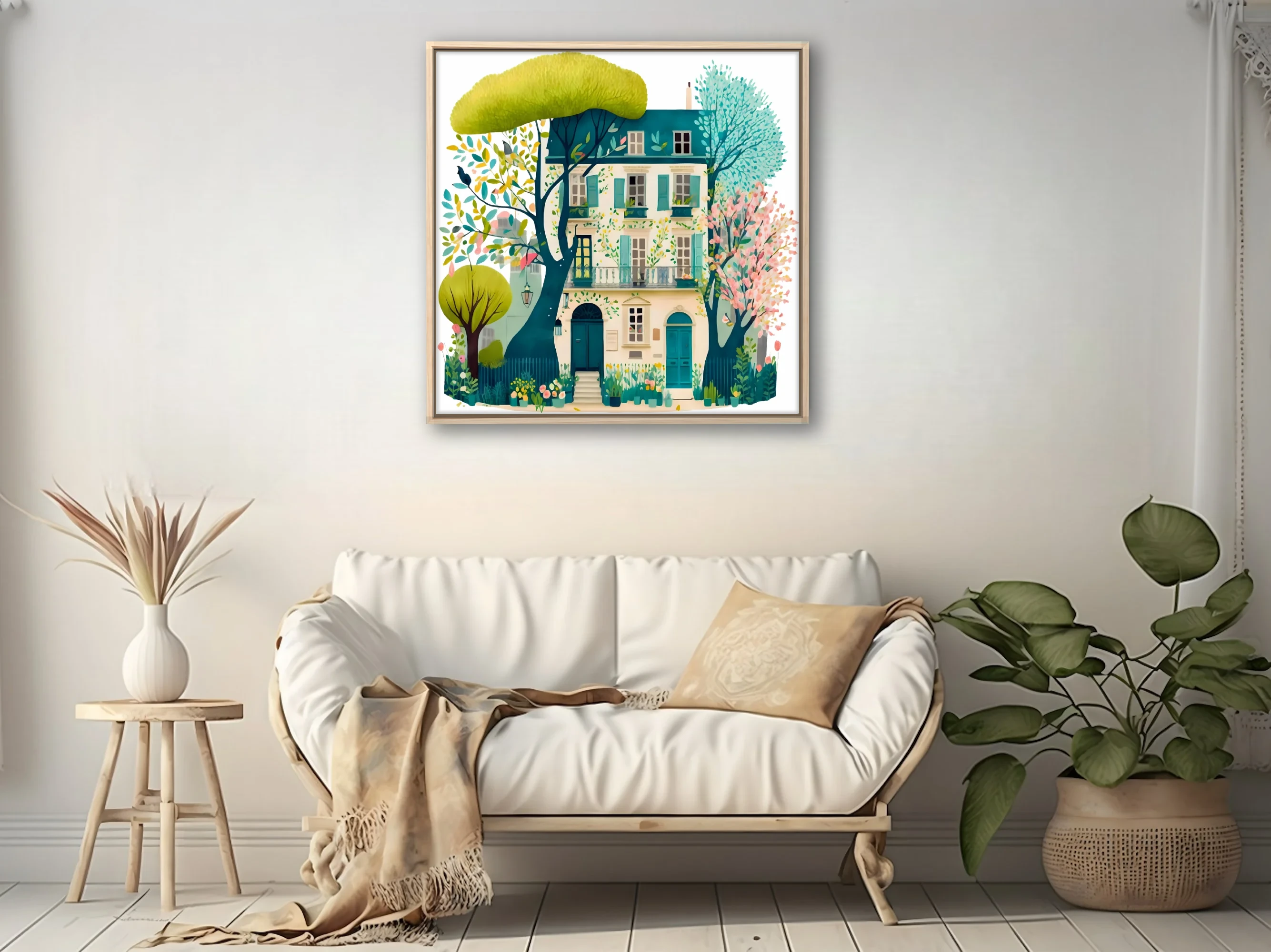 Storybook watercolor-style Parisian townhouse with teal shutters and spring garden