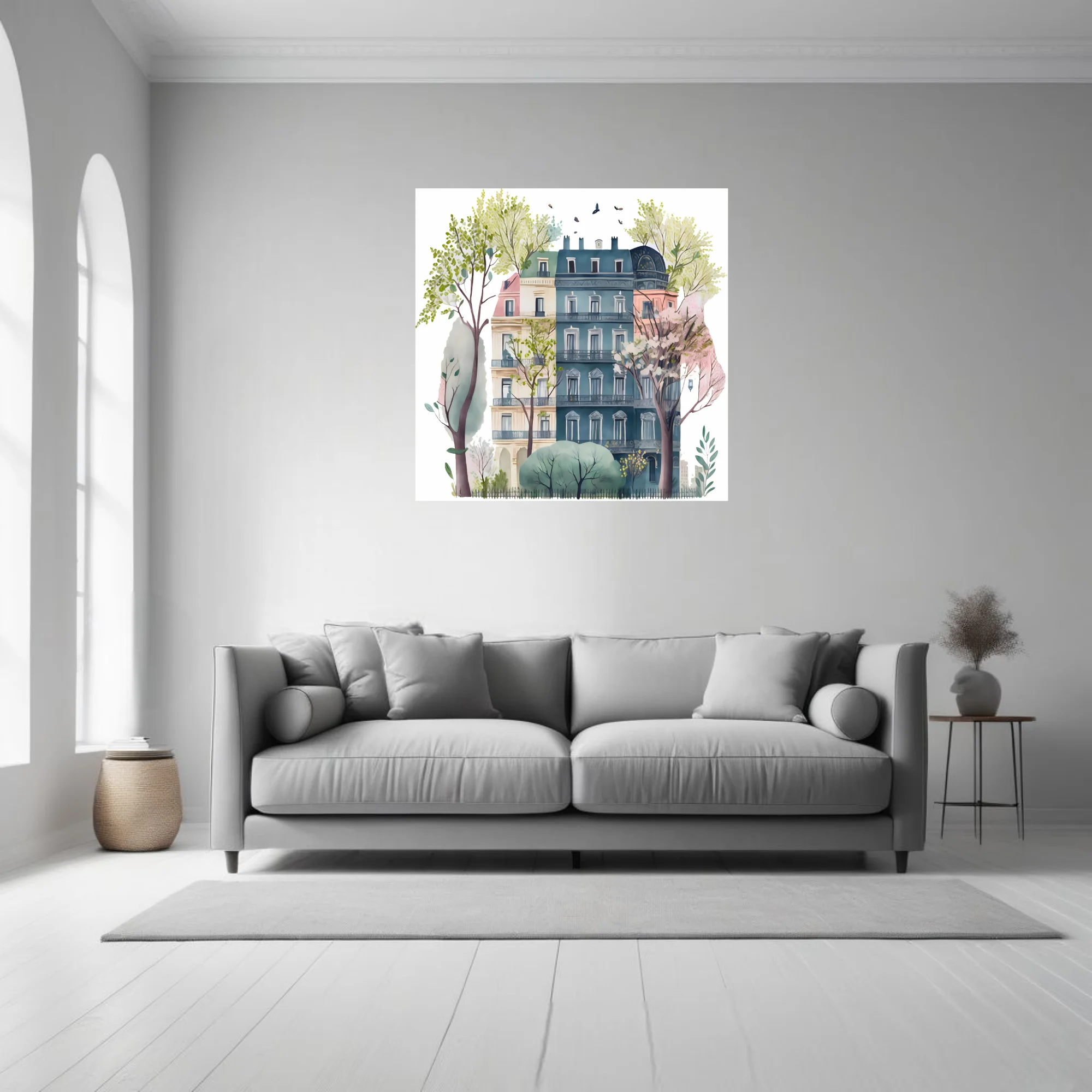 Whimsical watercolor-style Parisian townhouse with blossom trees and birds in soft pastel tones