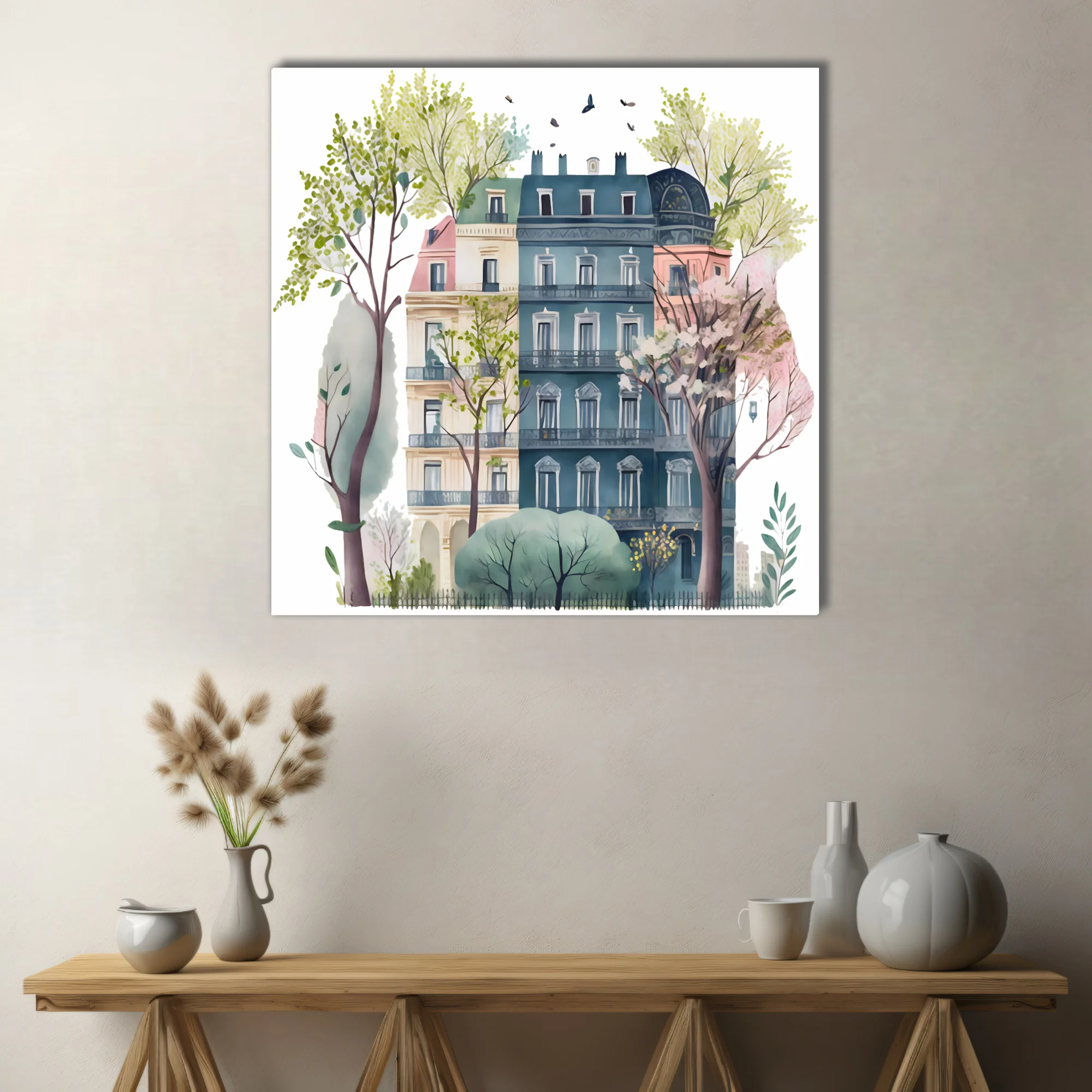 Whimsical watercolor-style Parisian townhouse with blossom trees and birds in soft pastel tones