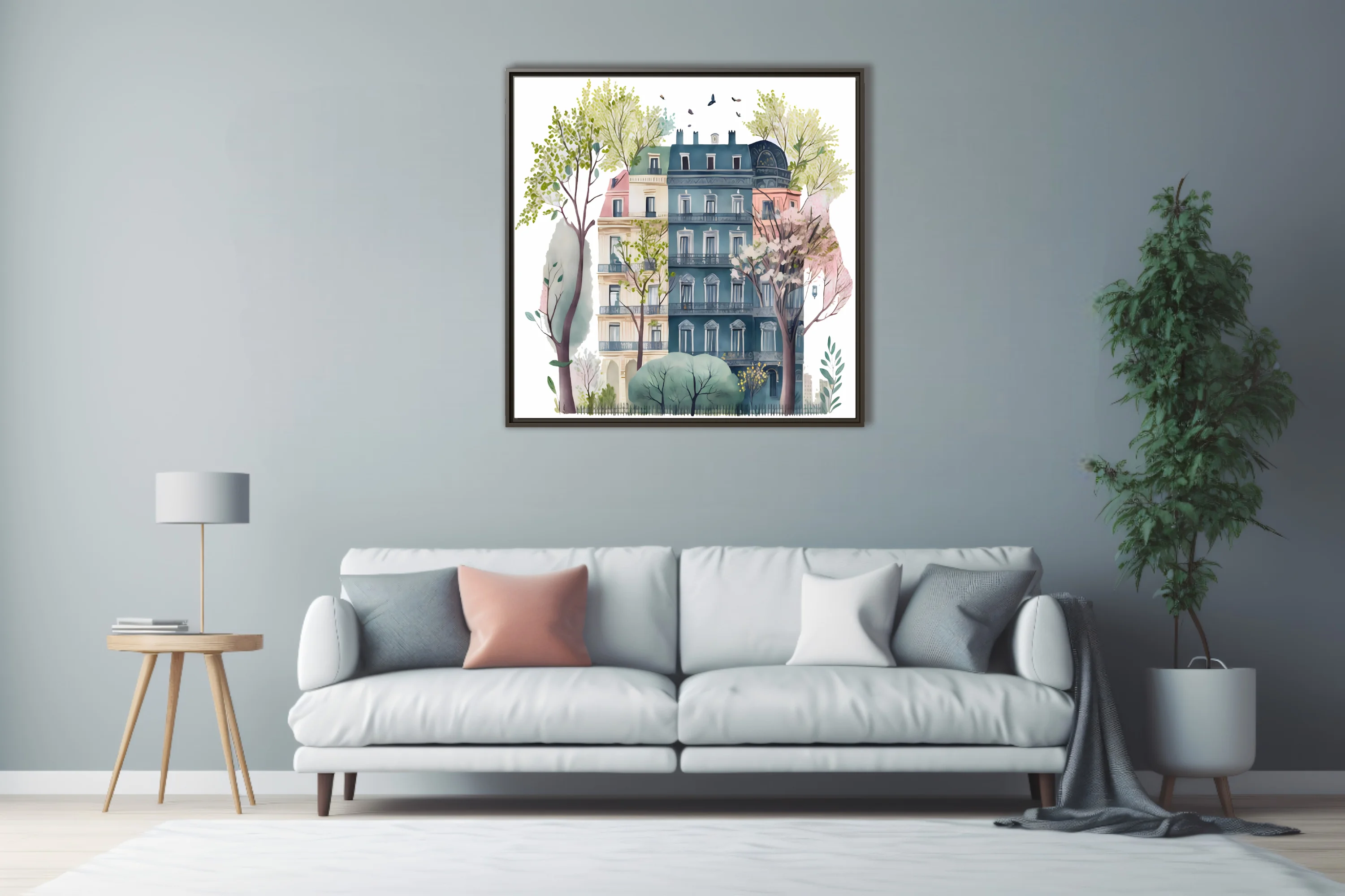 Whimsical watercolor-style Parisian townhouse with blossom trees and birds in soft pastel tones
