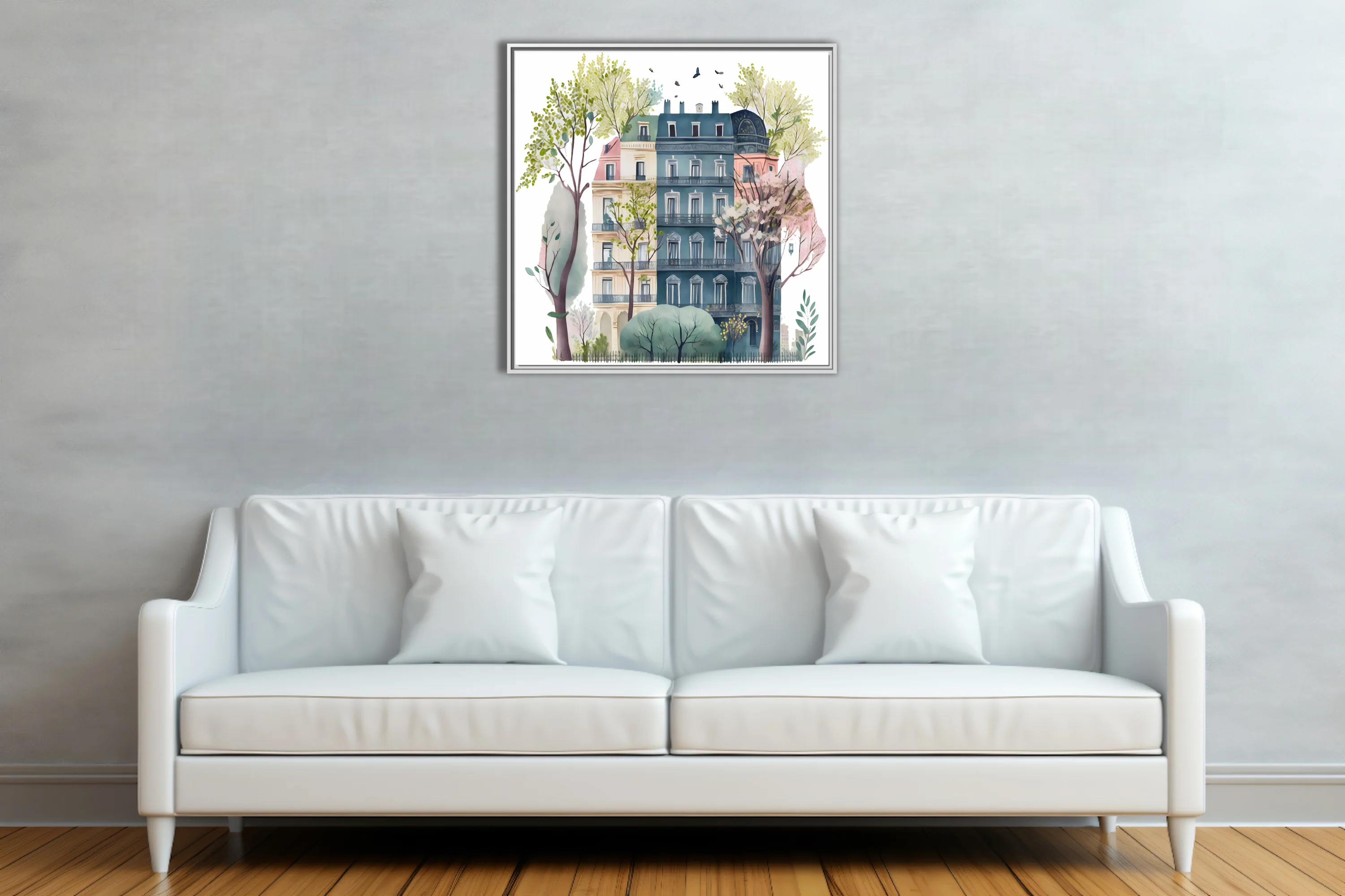 Whimsical watercolor-style Parisian townhouse with blossom trees and birds in soft pastel tones