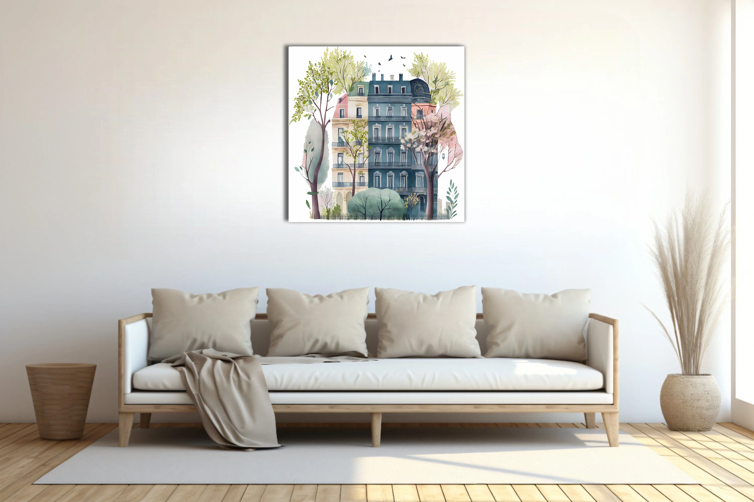 Whimsical watercolor-style Parisian townhouse with blossom trees and birds in soft pastel tones