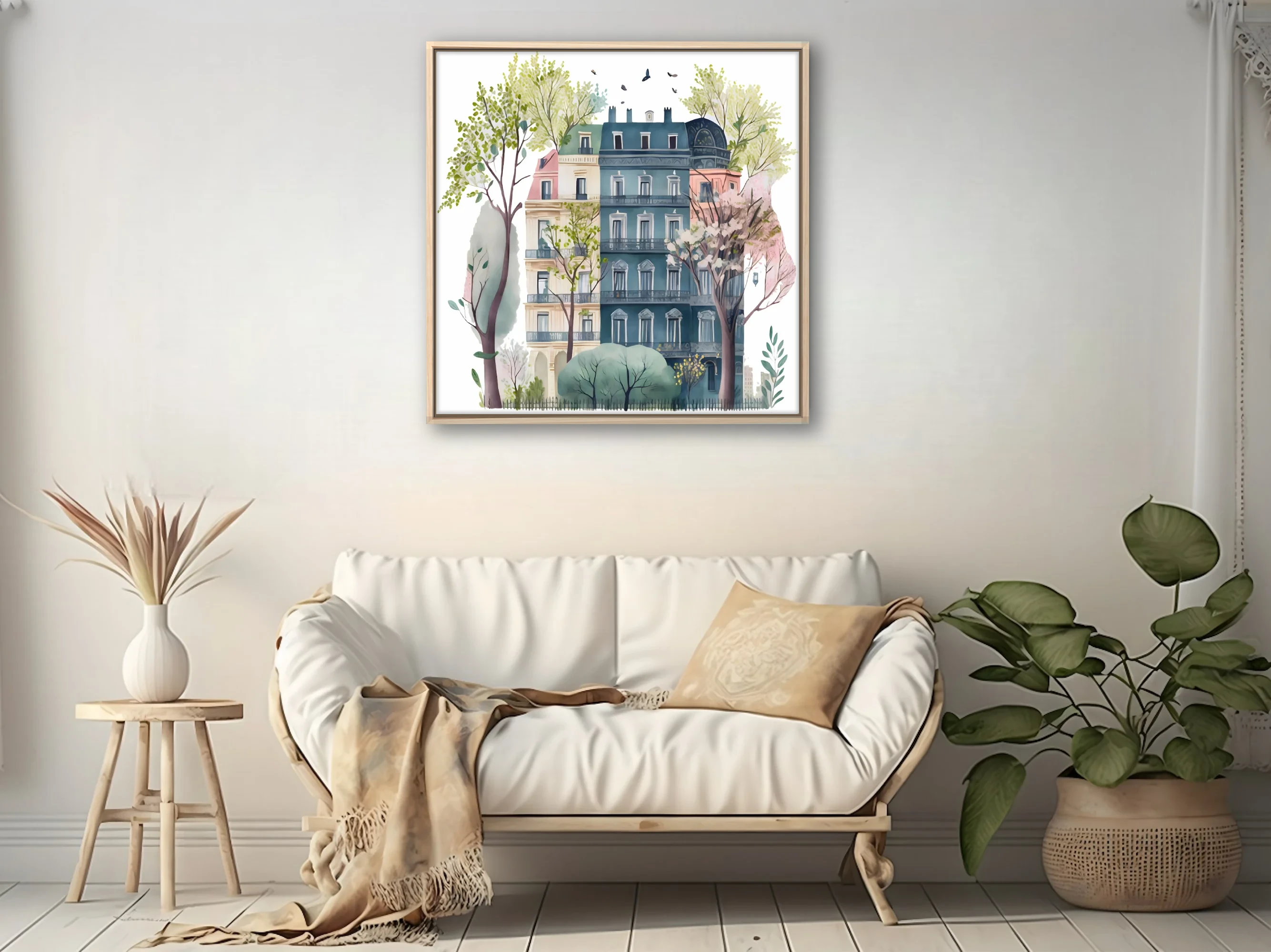 Whimsical watercolor-style Parisian townhouse with blossom trees and birds in soft pastel tones