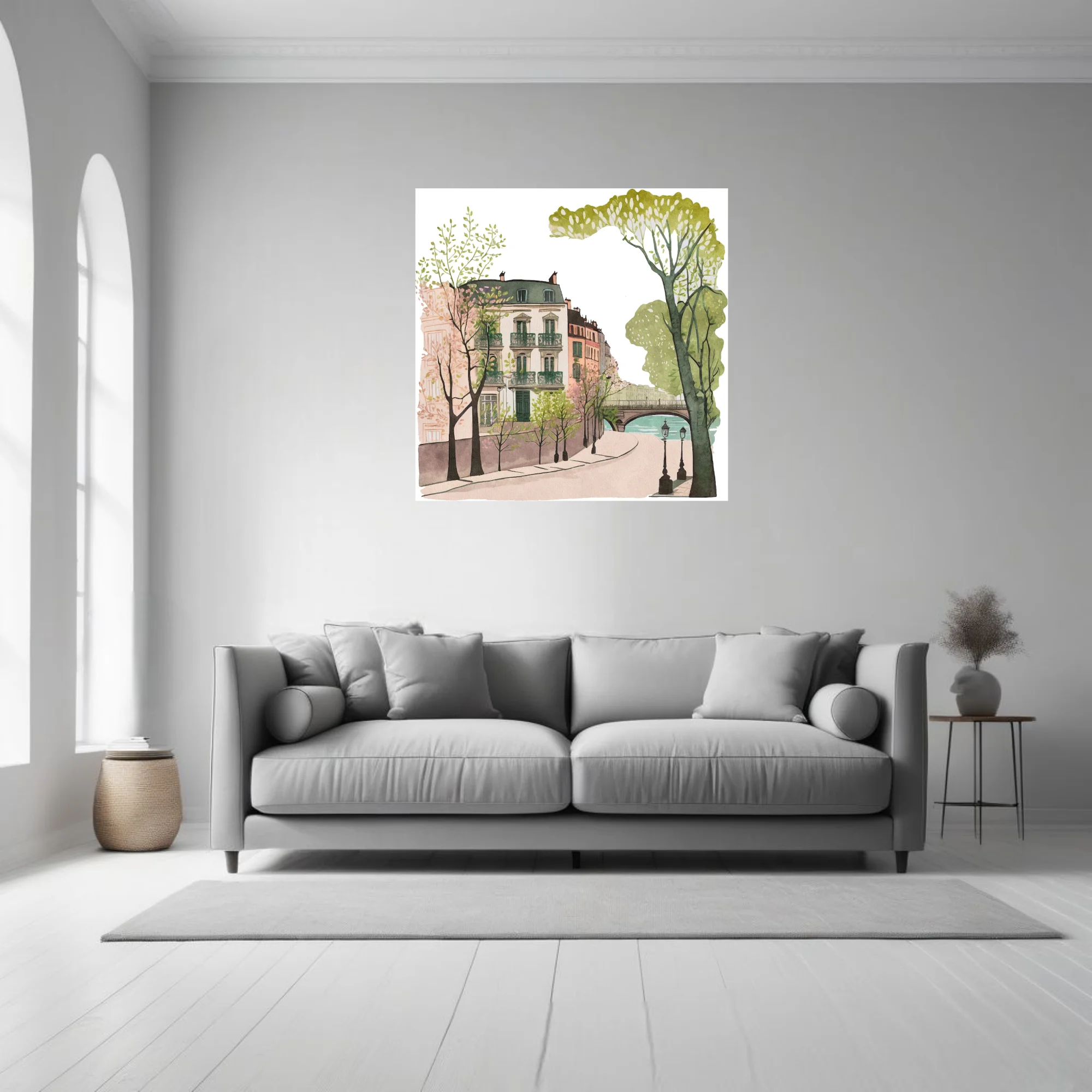 Watercolor-style Paris street scene with Haussmann buildings, trees, and river bridge