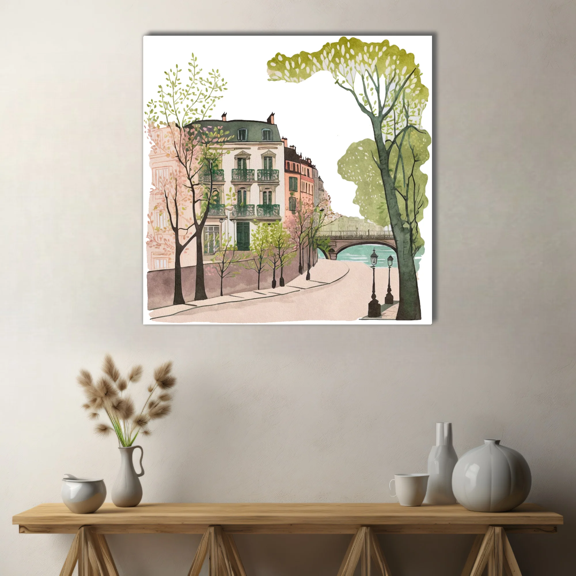Watercolor-style Paris street scene with Haussmann buildings, trees, and river bridge