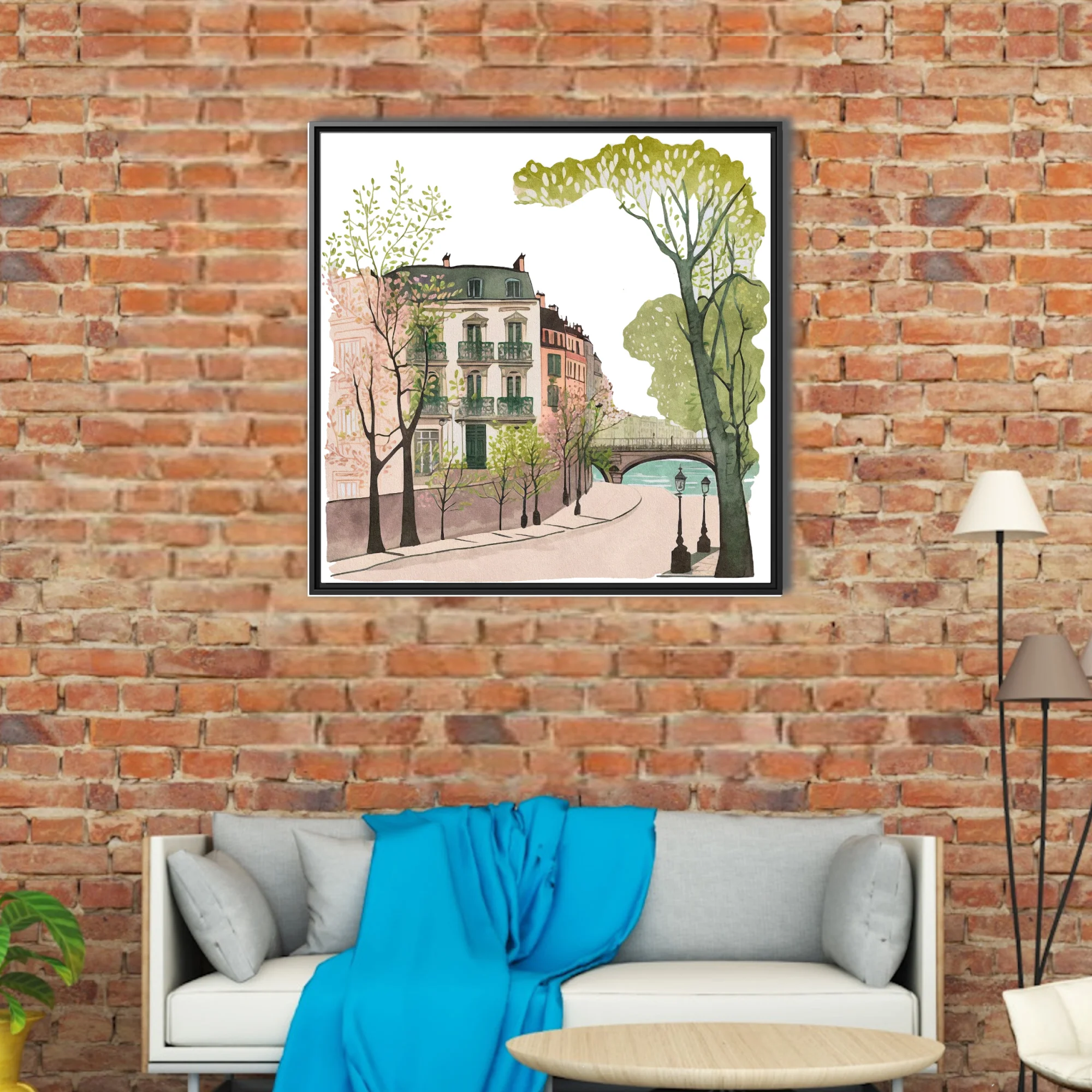 Watercolor-style Paris street scene with Haussmann buildings, trees, and river bridge