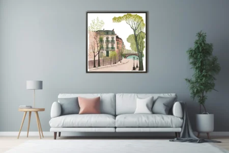 Watercolor-style Paris street scene with Haussmann buildings, trees, and river bridge