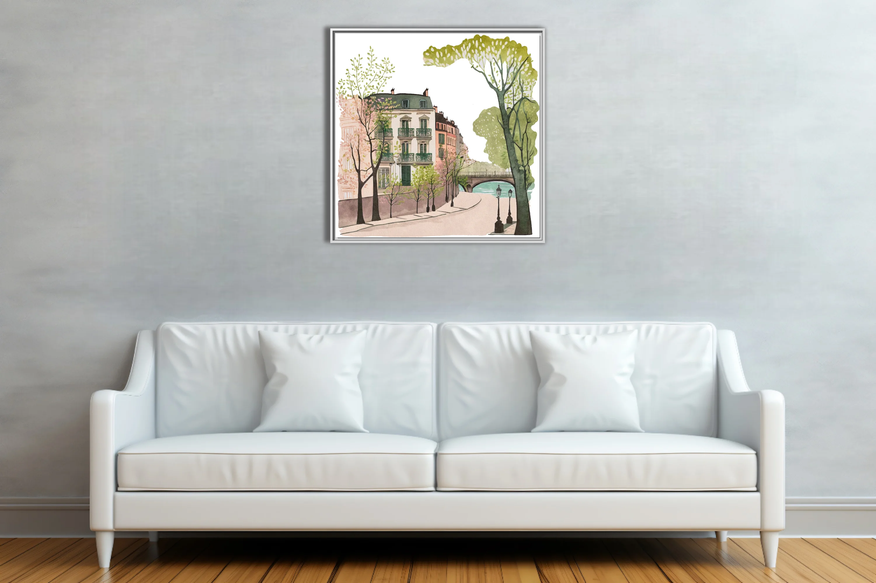 Watercolor-style Paris street scene with Haussmann buildings, trees, and river bridge