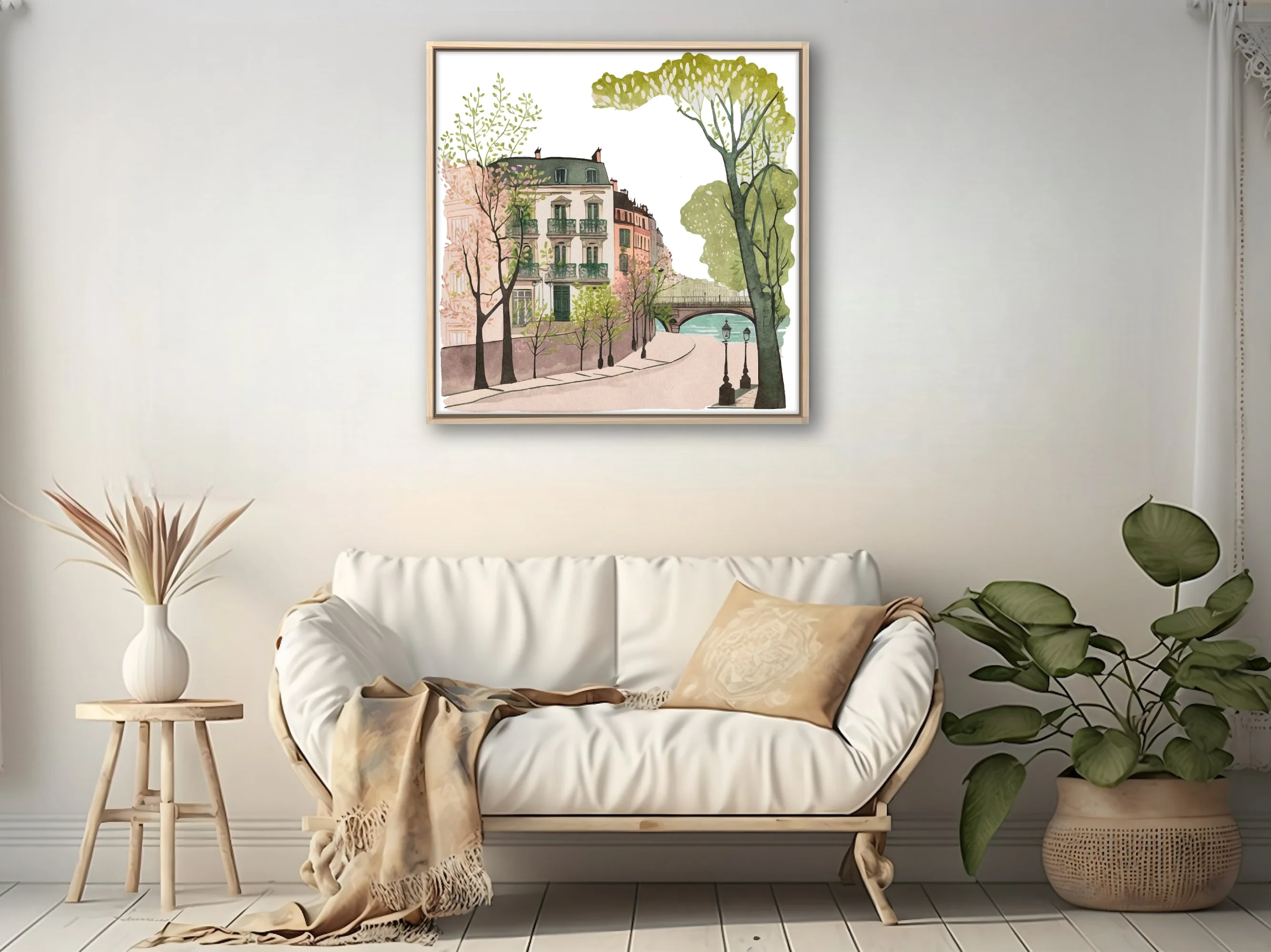 Watercolor-style Paris street scene with Haussmann buildings, trees, and river bridge