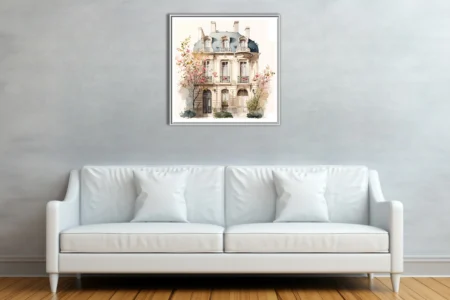 Watercolor-style Parisian townhouse with blooming trees and ornate balconies