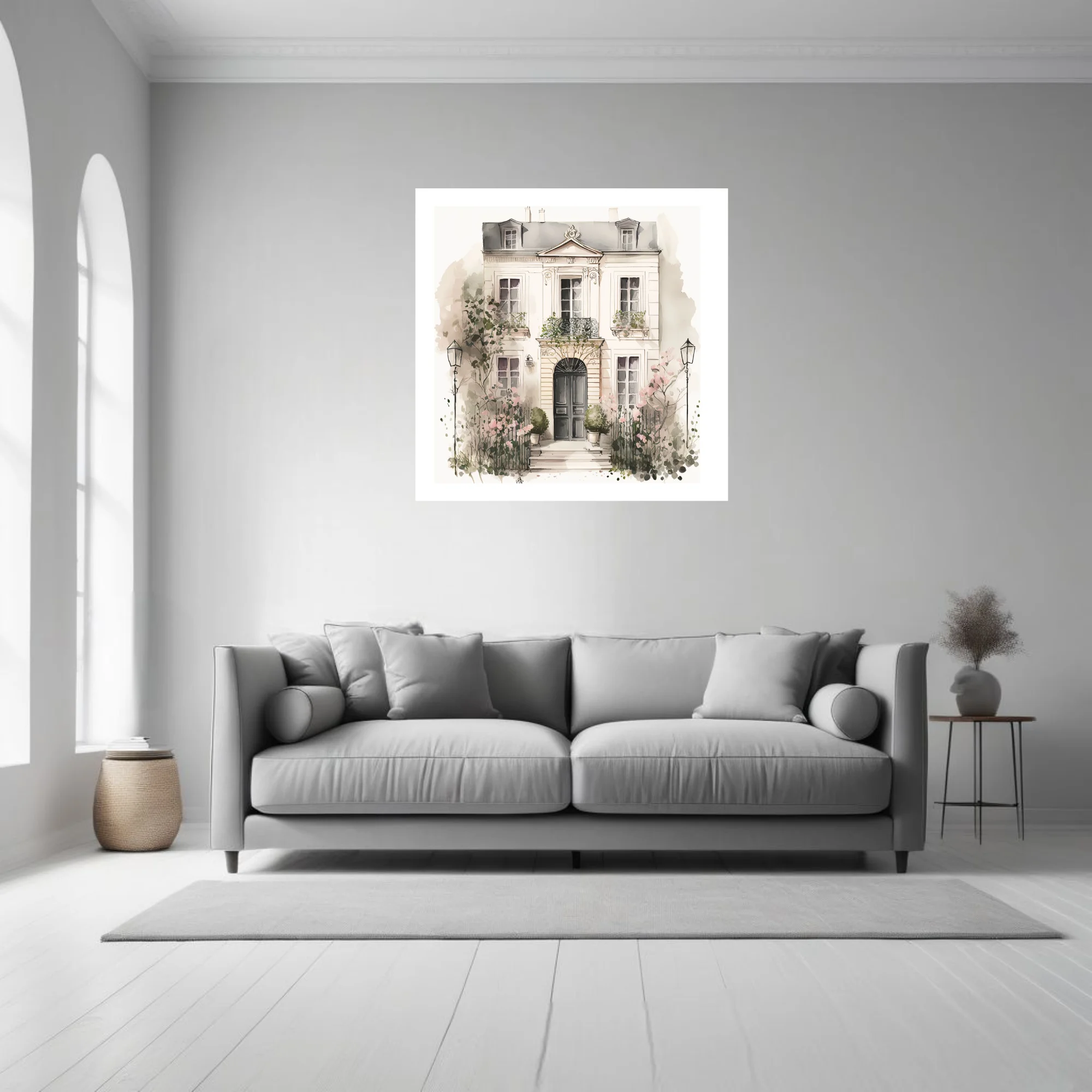 Watercolor-style Parisian townhouse with ironwork balcony and pink garden blooms