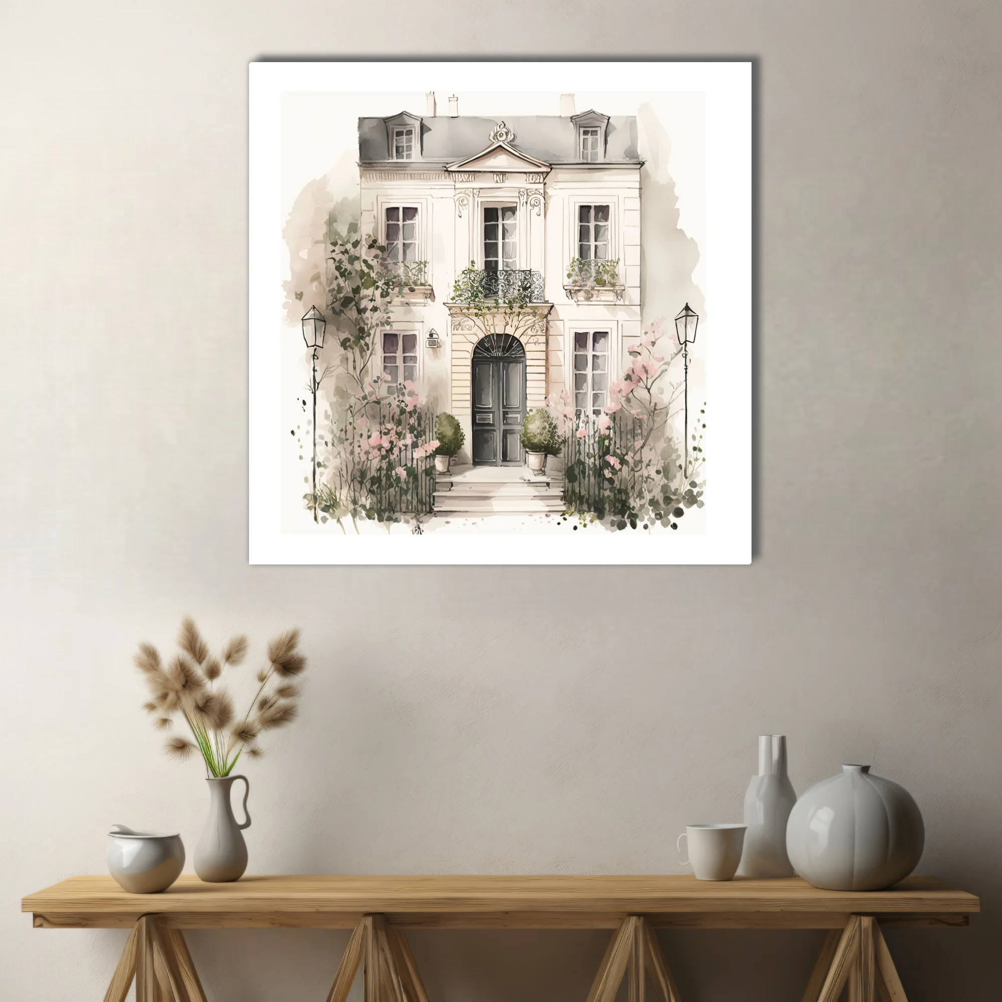 Watercolor-style Parisian townhouse with ironwork balcony and pink garden blooms