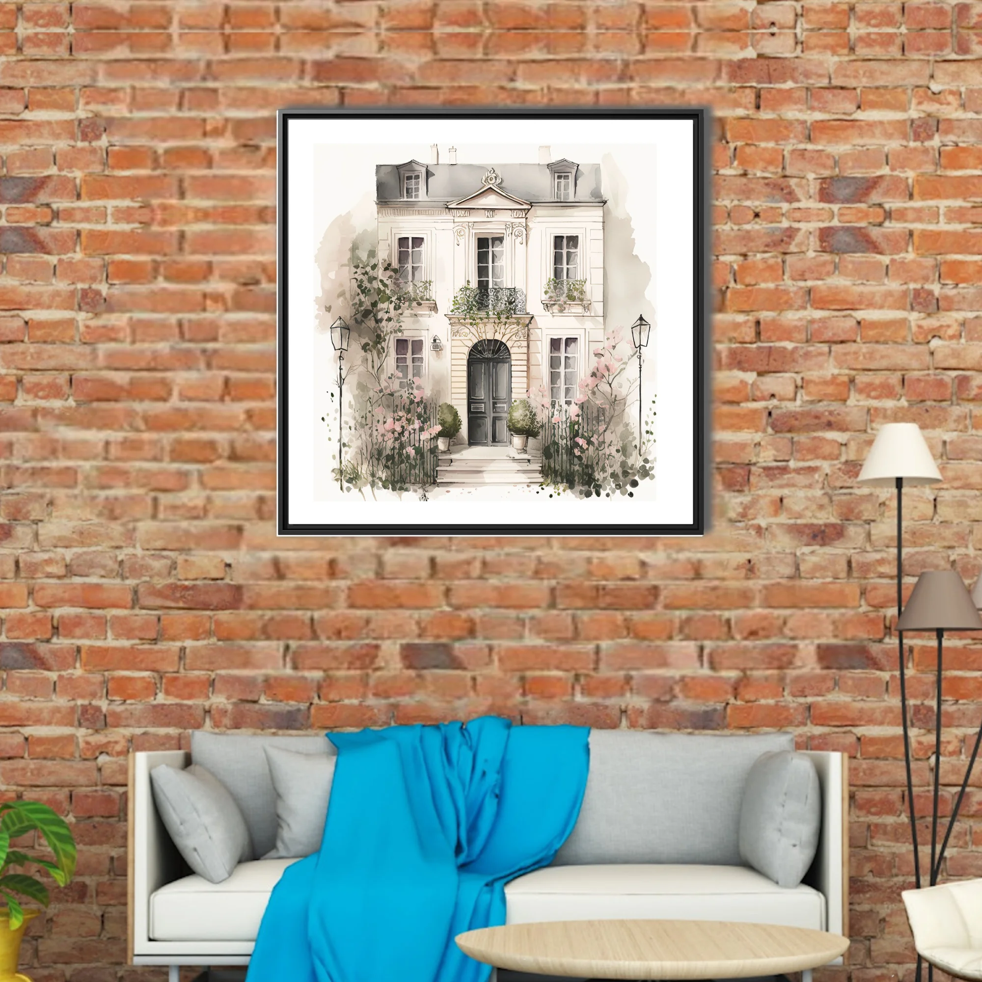 Watercolor-style Parisian townhouse with ironwork balcony and pink garden blooms