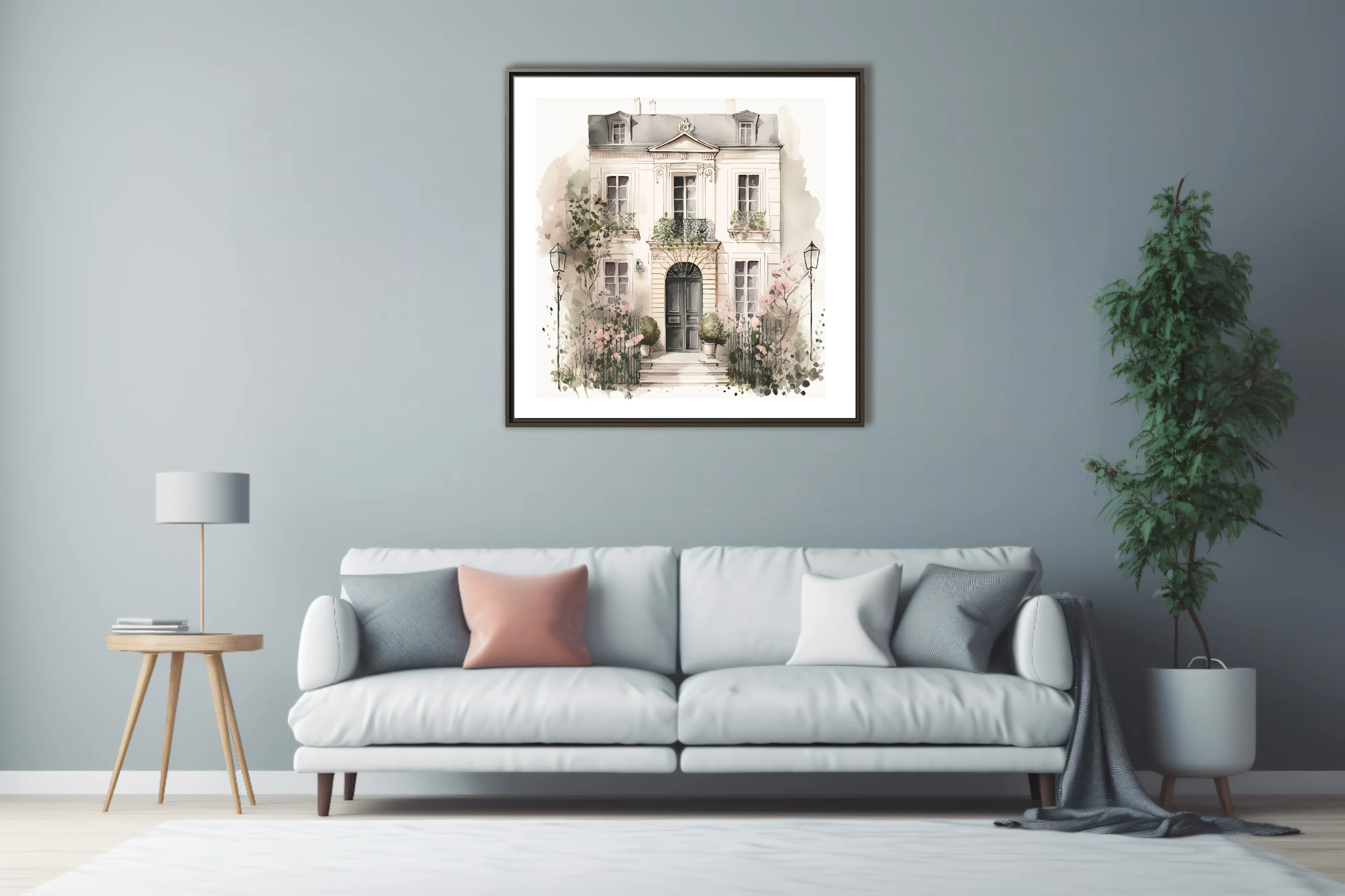 Watercolor-style Parisian townhouse with ironwork balcony and pink garden blooms