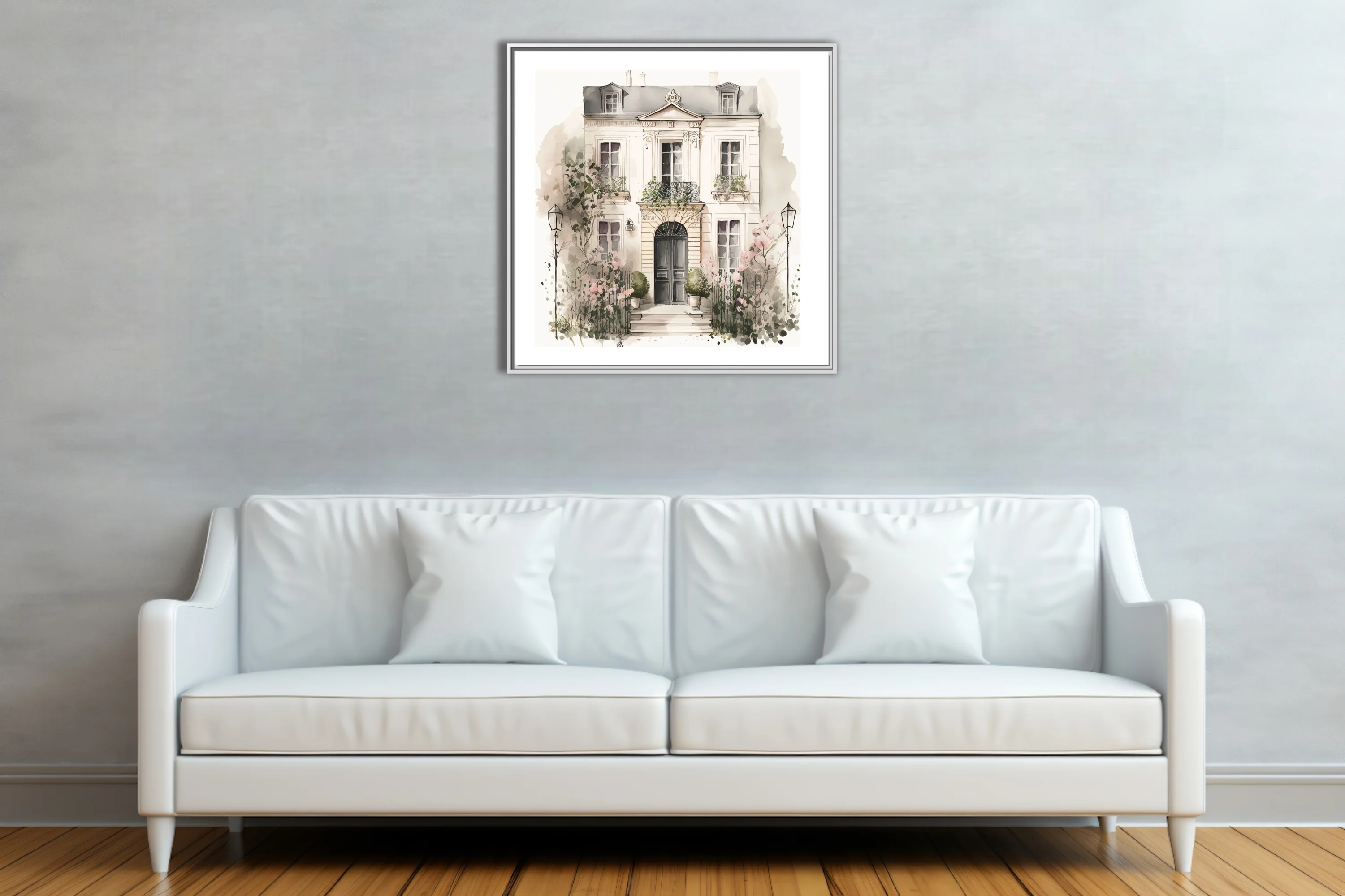Watercolor-style Parisian townhouse with ironwork balcony and pink garden blooms