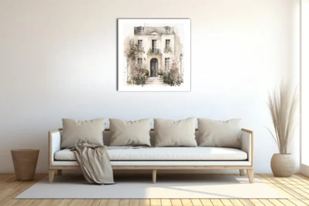 Watercolor-style Parisian townhouse with ironwork balcony and pink garden blooms
