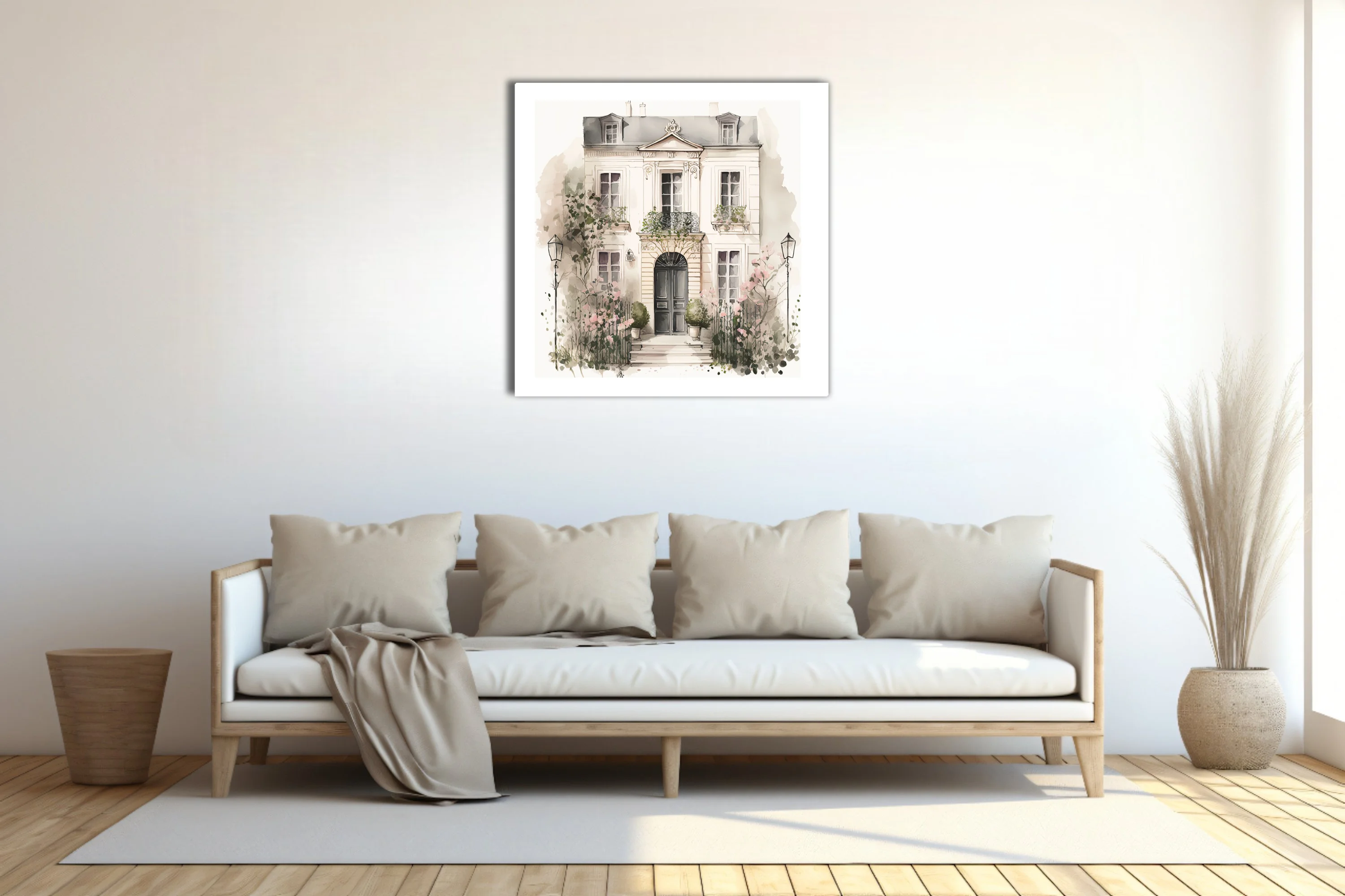 Watercolor-style Parisian townhouse with ironwork balcony and pink garden blooms