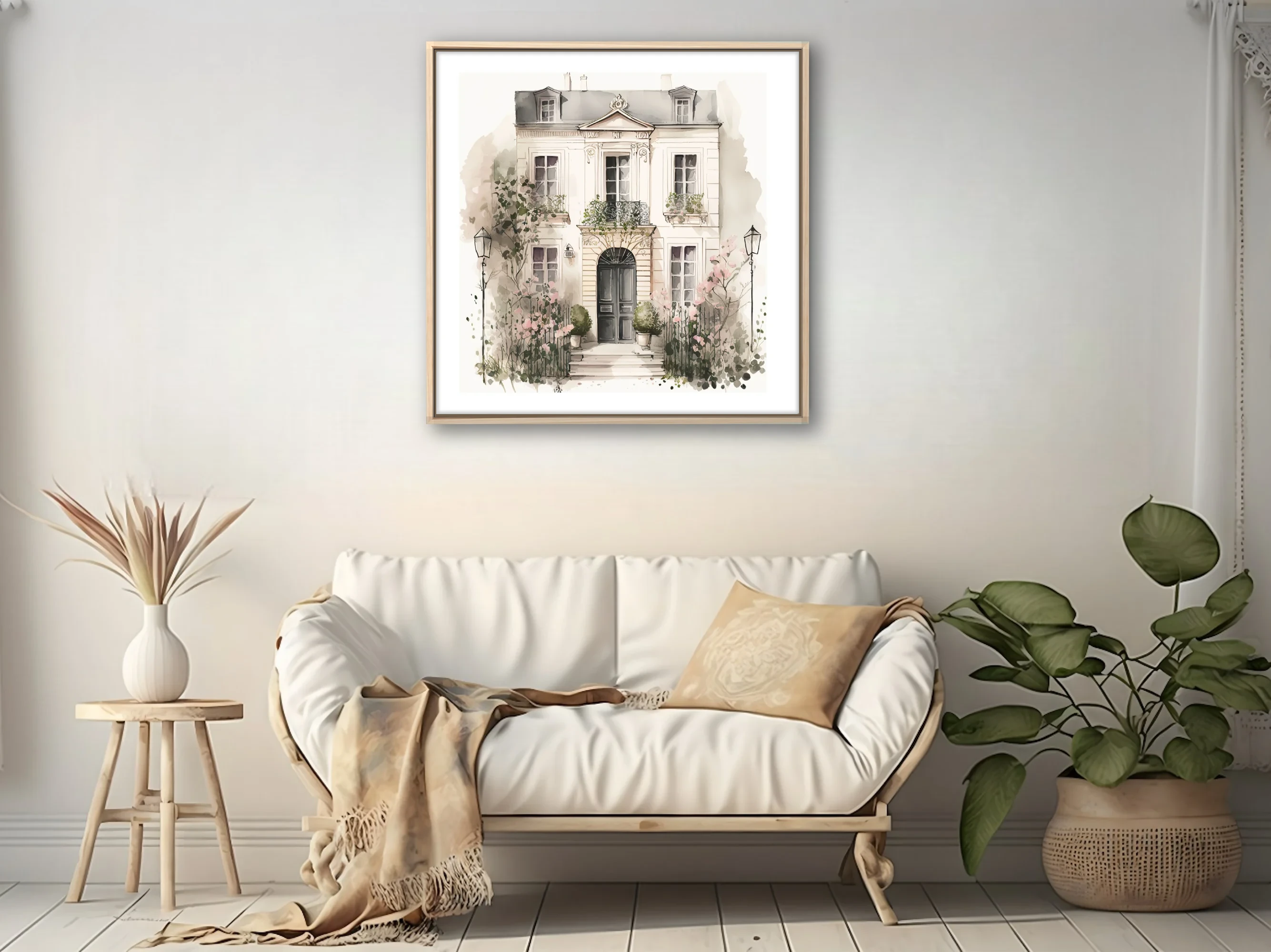 Watercolor-style Parisian townhouse with ironwork balcony and pink garden blooms