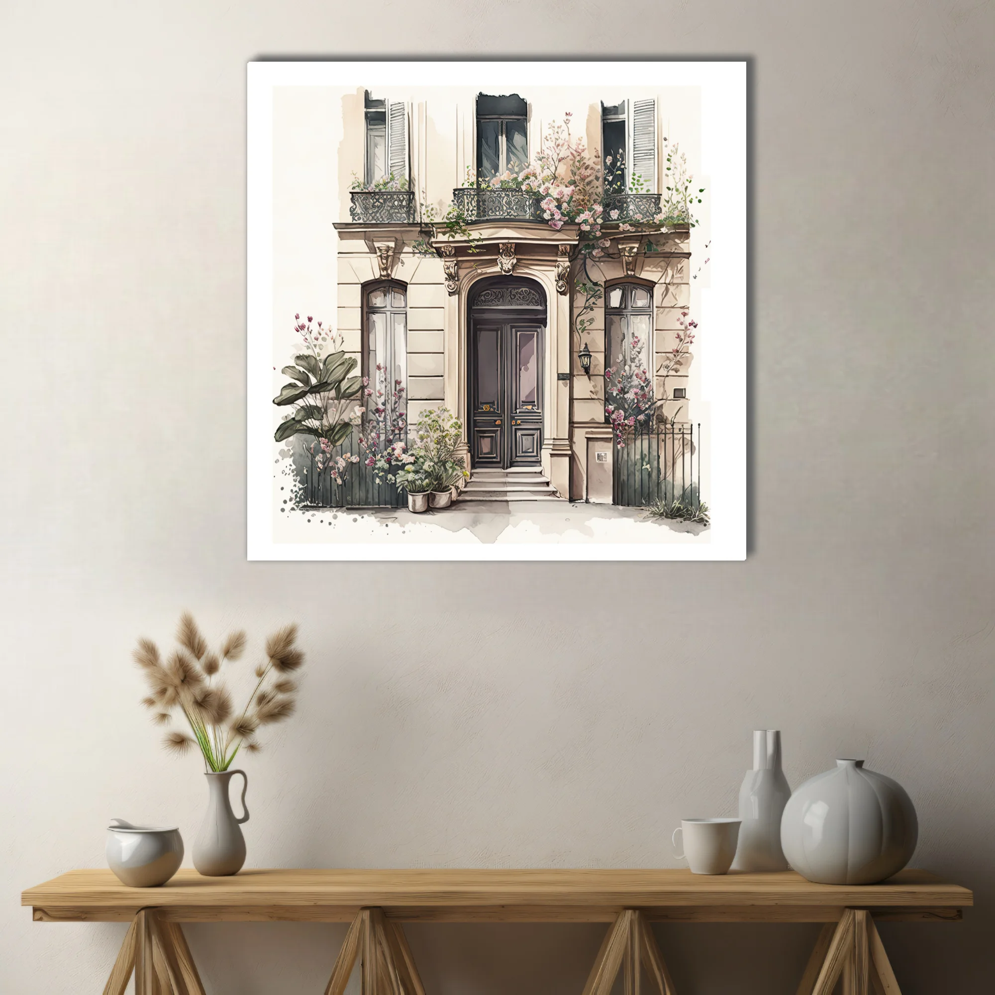 Watercolor-style Parisian belle-époque building facade with floral botanicals and ornate ironwork