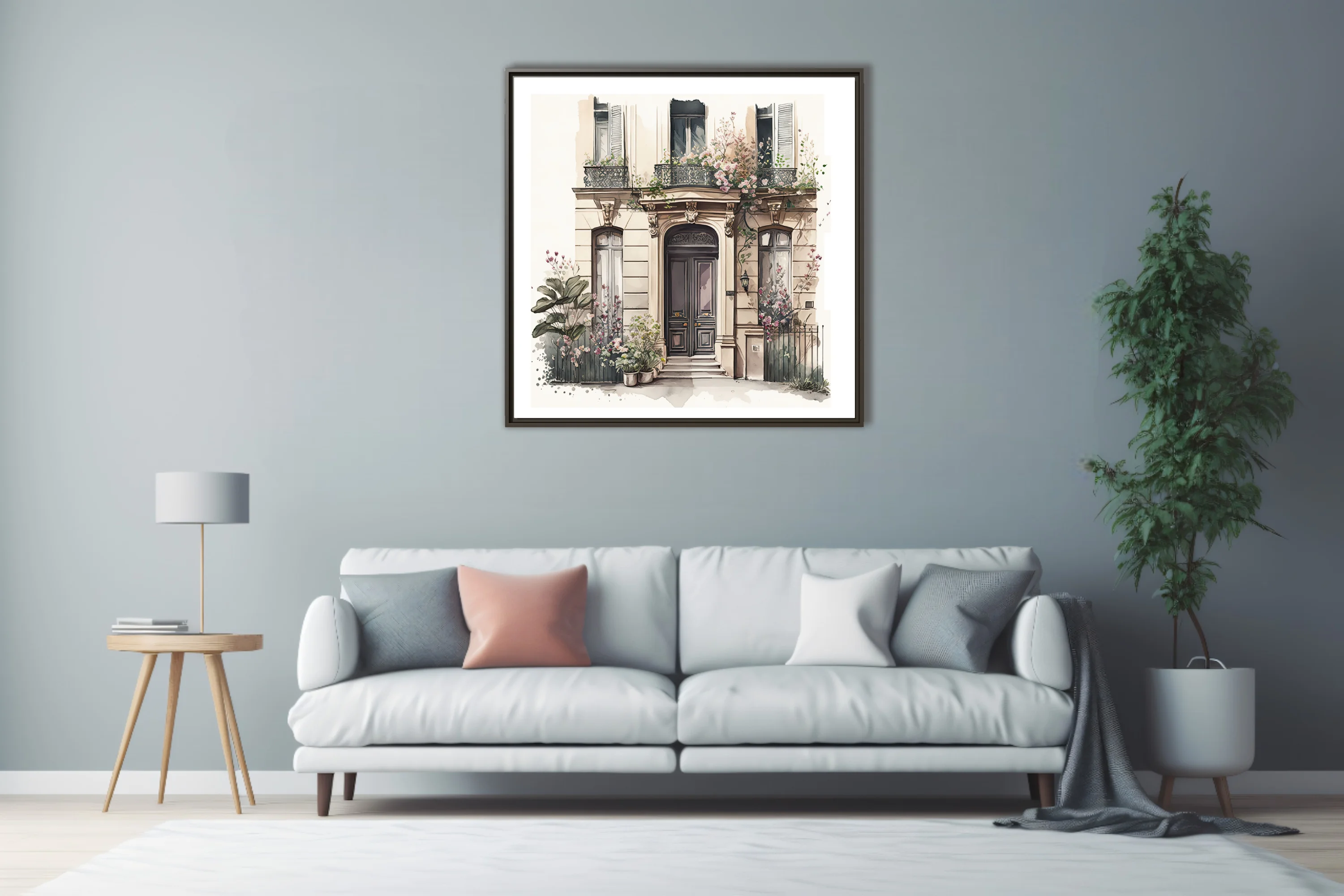 Watercolor-style Parisian belle-époque building facade with floral botanicals and ornate ironwork